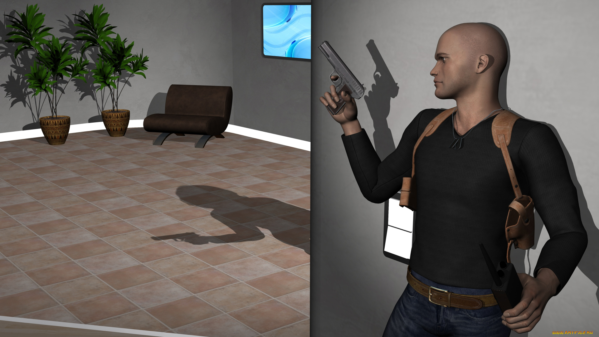 she, wolf, 3д, графика, фантазия, , fantasy, картина, растение, комната, тень, диван, оружие, кобура, мужчина