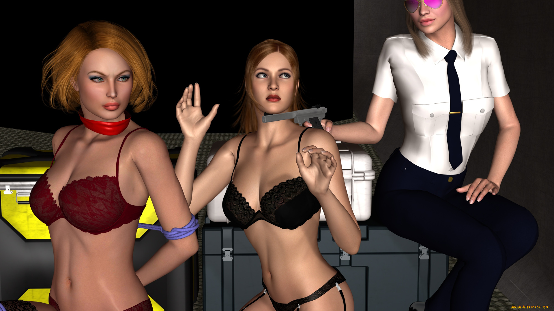 stewardesses, 3д, графика, фантазия, , fantasy, стюардесы, чемоданы, лифчик, чулки, оружие, взгляд, девушки