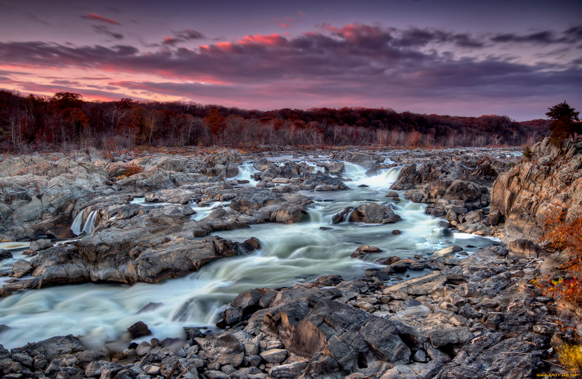 природа, реки, озера, облака, небо, камни, река, деревья, закат