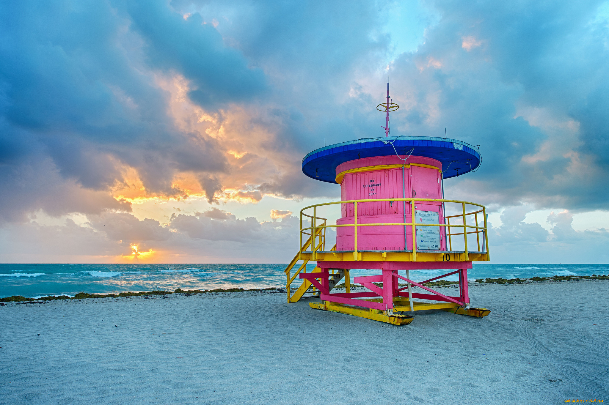 природа, побережье, океан, пляж, будка, тучи