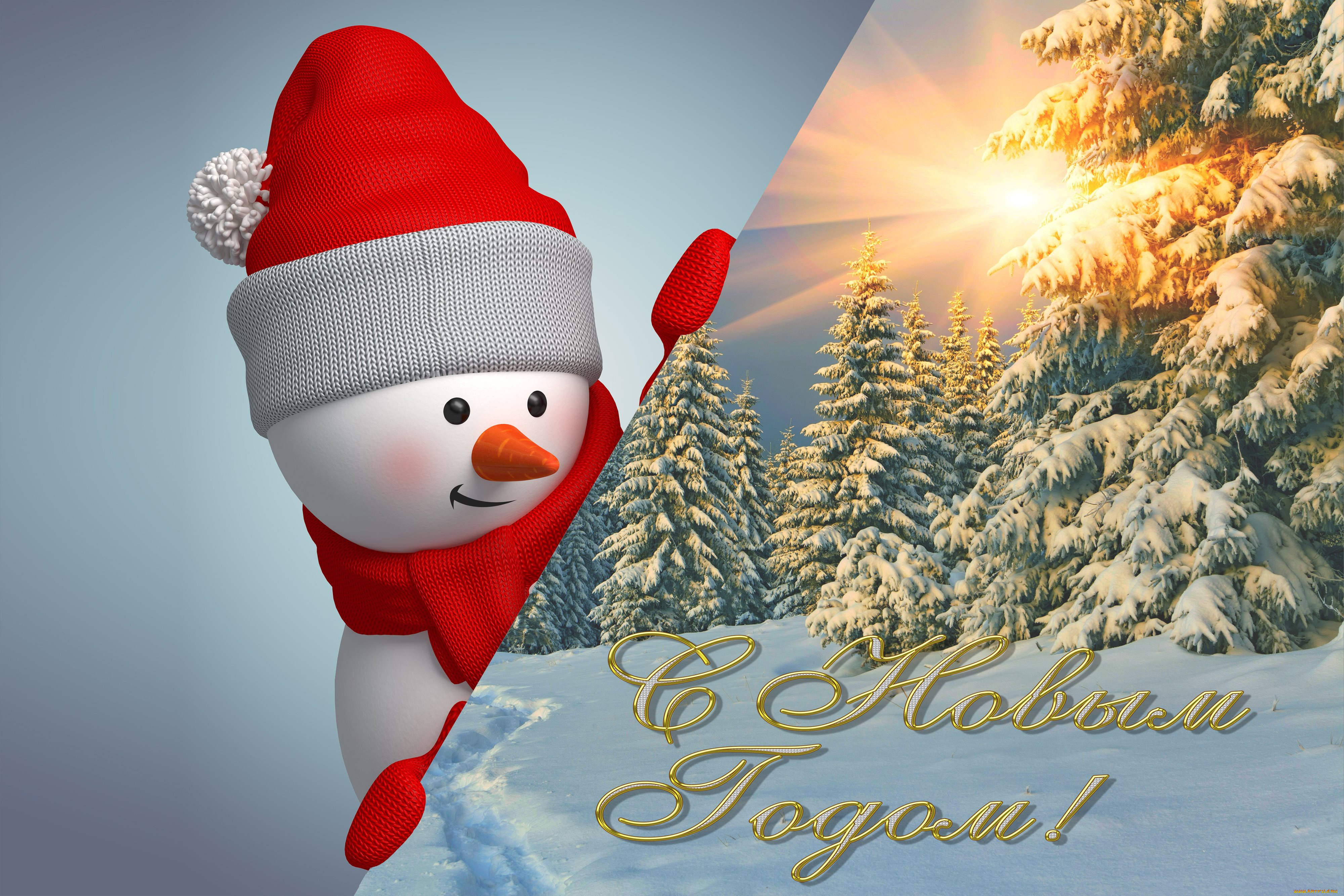 праздничные, -, разное, , новый, год, снеговин, закат, снег, ели