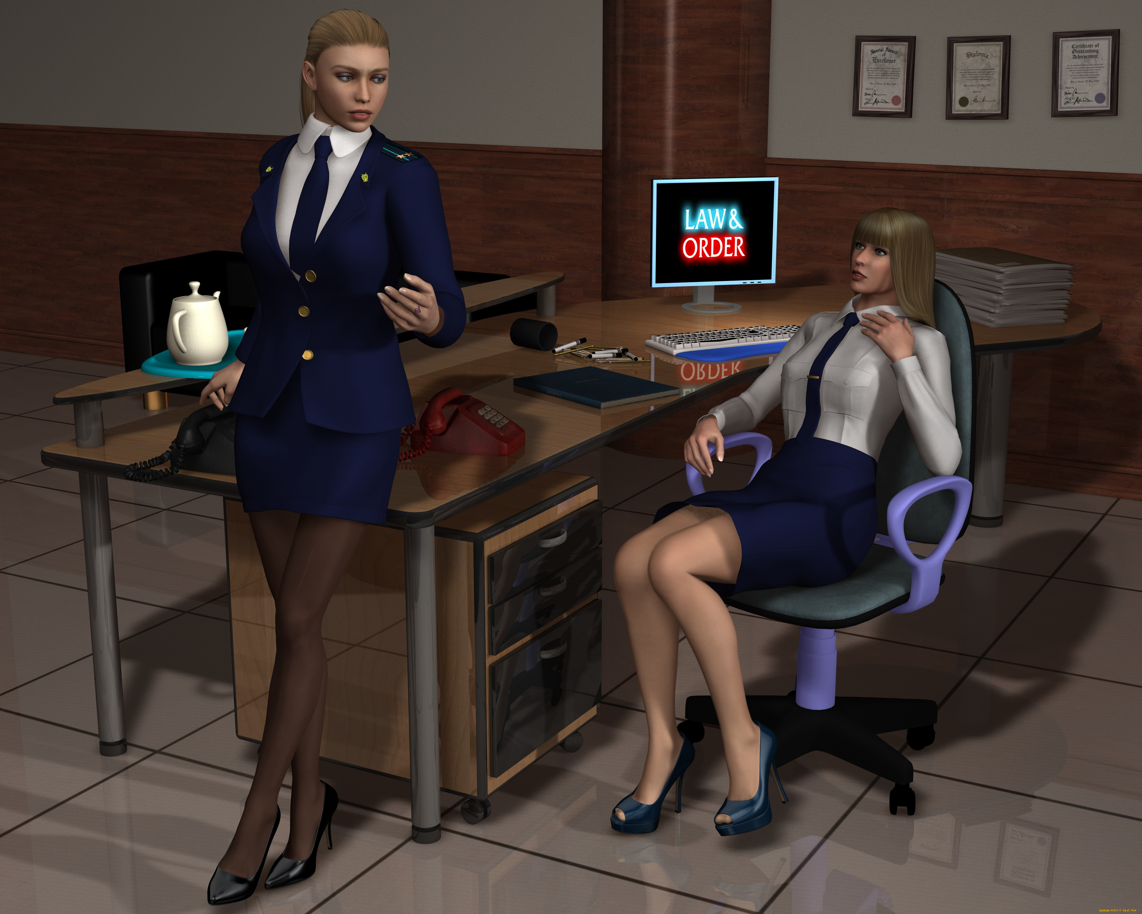 she, wolf, 3д, графика, фантазия, , fantasy, компьютер, фон, стол, чайникразговор, телефон, взгляд, девушки, стуля, книги