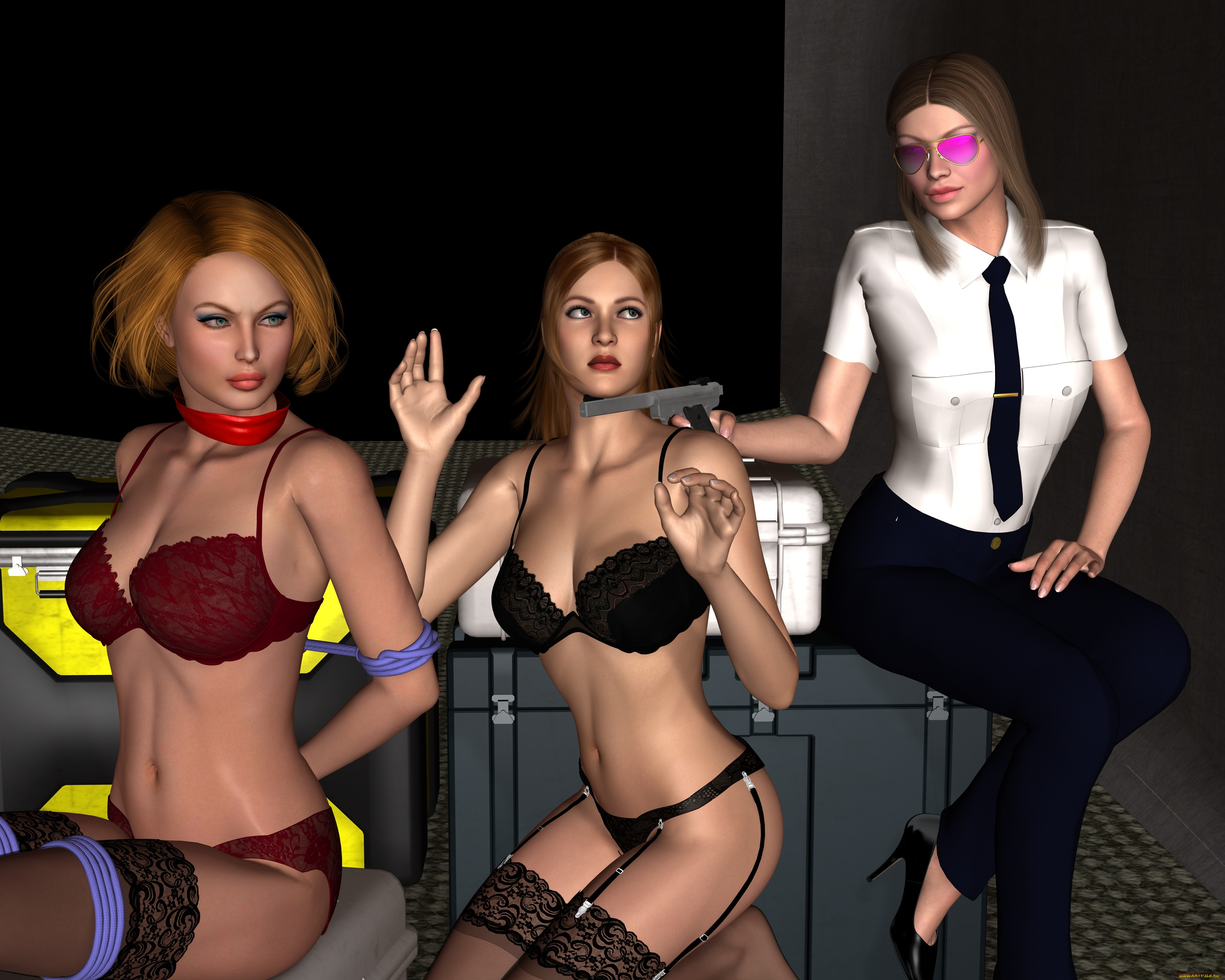 stewardesses, 3д, графика, фантазия, , fantasy, стюардесы, чемоданы, лифчик, чулки, оружие, взгляд, девушки