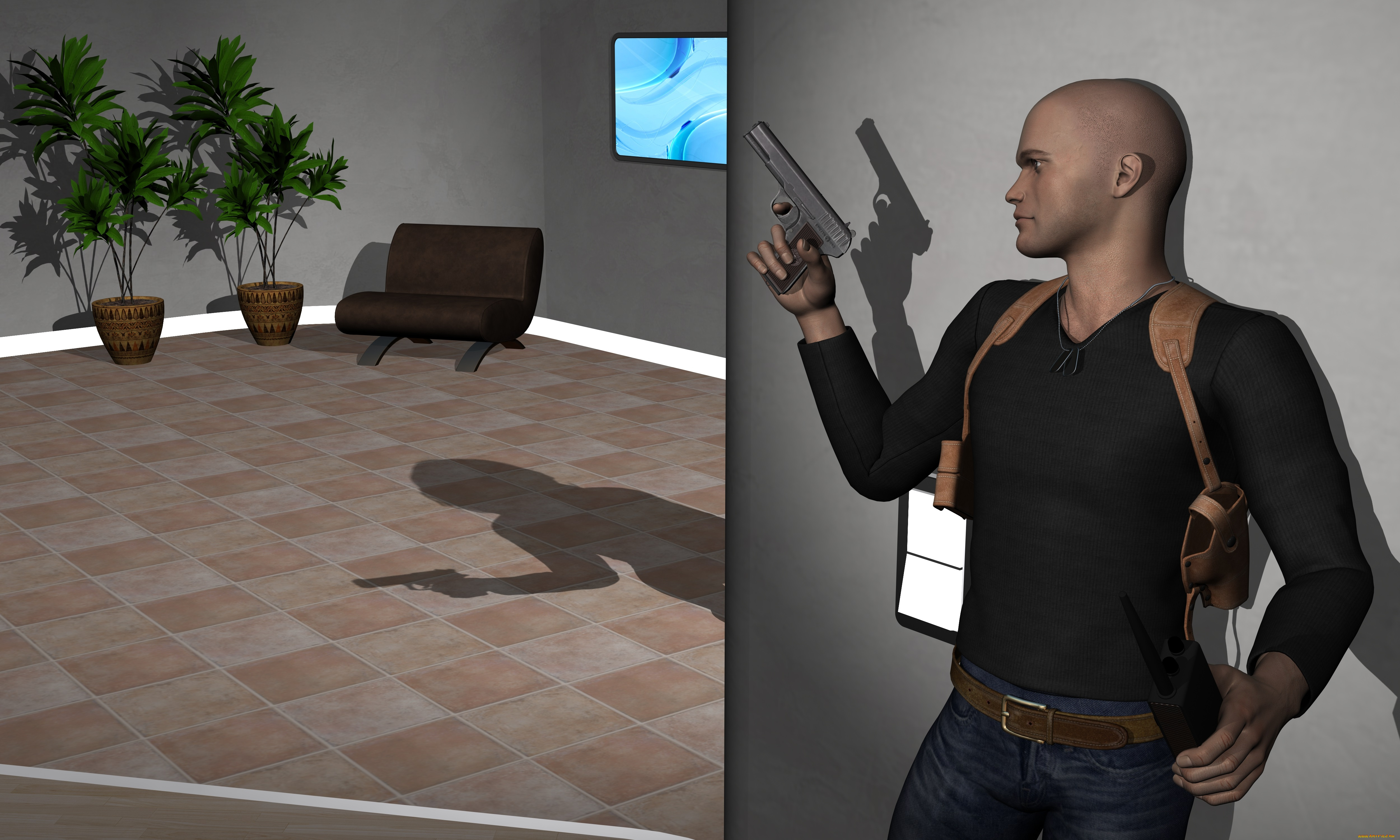 she, wolf, 3д, графика, фантазия, , fantasy, картина, растение, комната, тень, диван, оружие, кобура, мужчина