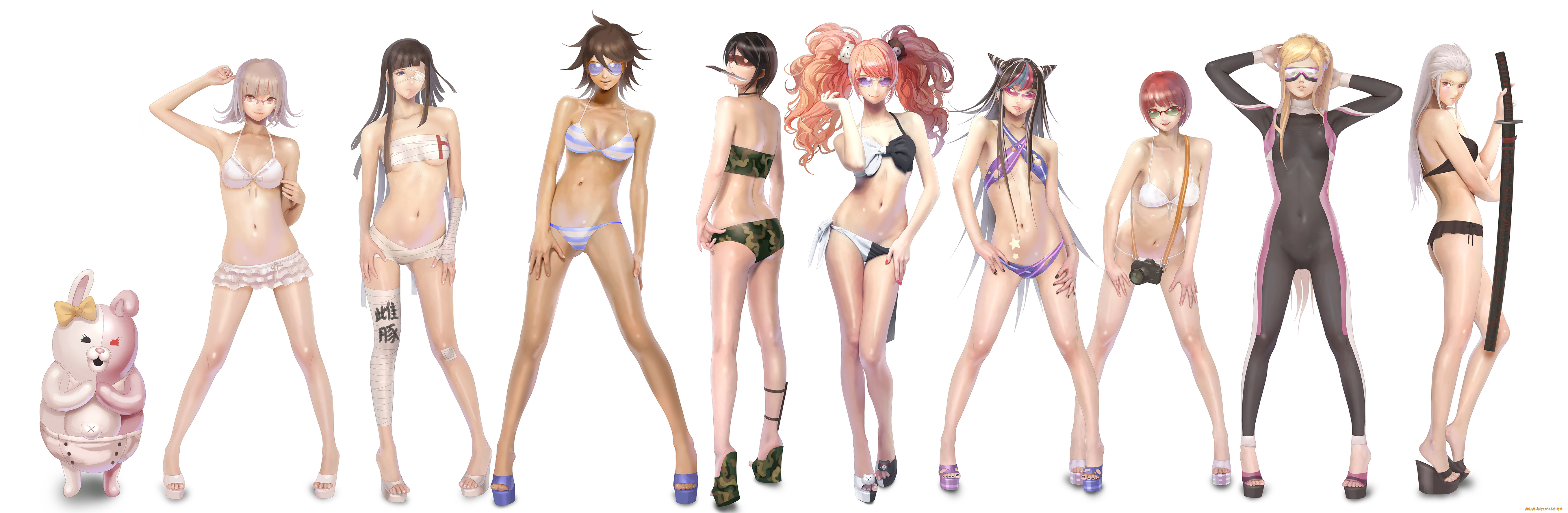 аниме, danganronpa, повязка, mioda, ibuki, меч, бинты, медведь, tsumiki, mikan, nyarko, nanami, chiaki, monokuma, enoshima, junko, owari, akane, koizumi, mahiru, sonia, nevermind, pekoyama, peko, нож, фотоаппарат, ikusaba, mukuro, купальник, девушки