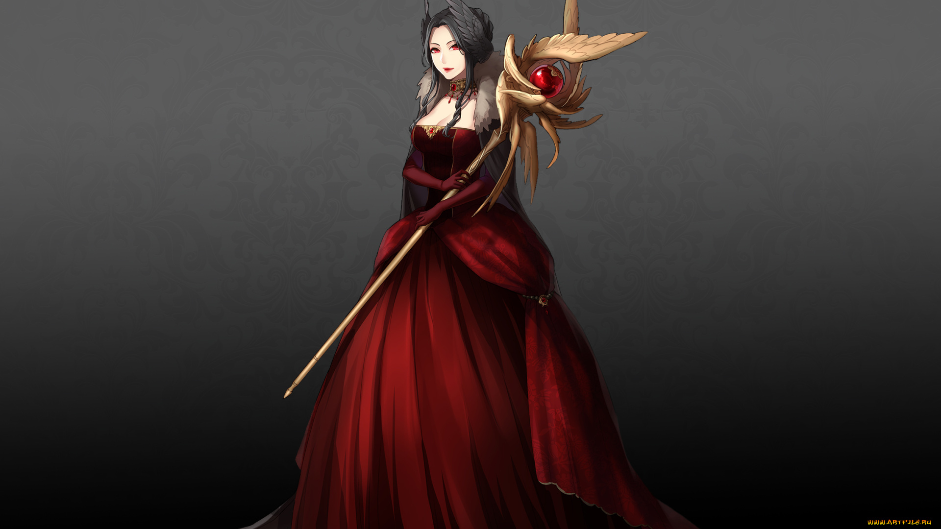 аниме, магия, , колдовство, , halloween, посох, крылья, красное, пышное, платье, девушка