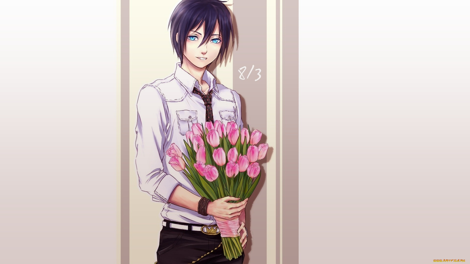 аниме, noragami, парень, бездомный, бог, тюльпаны, букет, Ято, арт