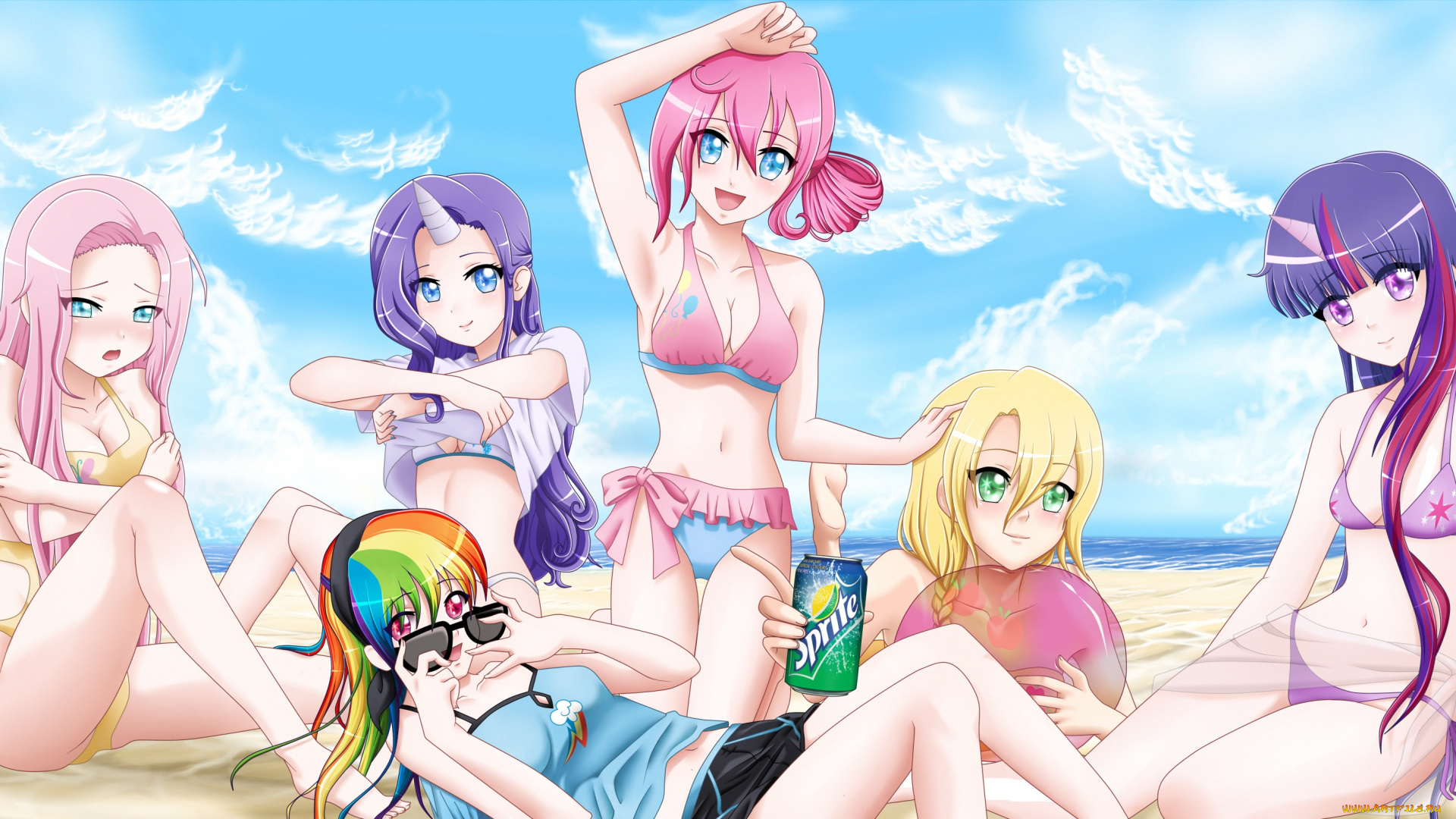 аниме, unknown, , другое, девушки, группа, арт, лето, пляж