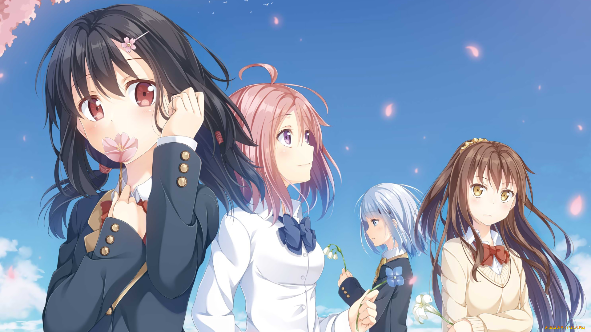 аниме, unknown, , другое, группа, небо, цветы, весна, yuuri, nayuta, девочки, арт