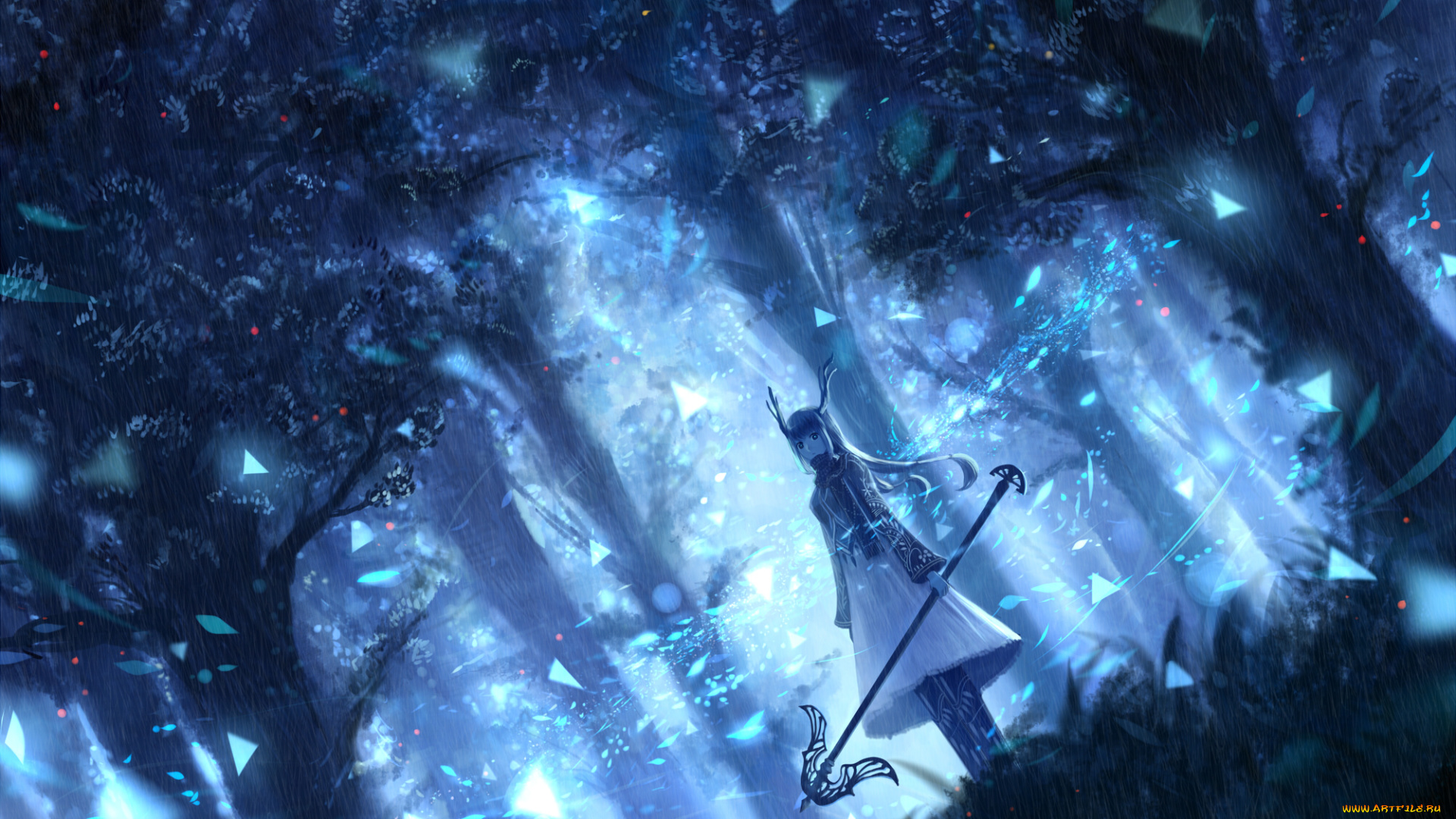 аниме, животные, , существа, девушка, деревья, лес, арт, bou, nin