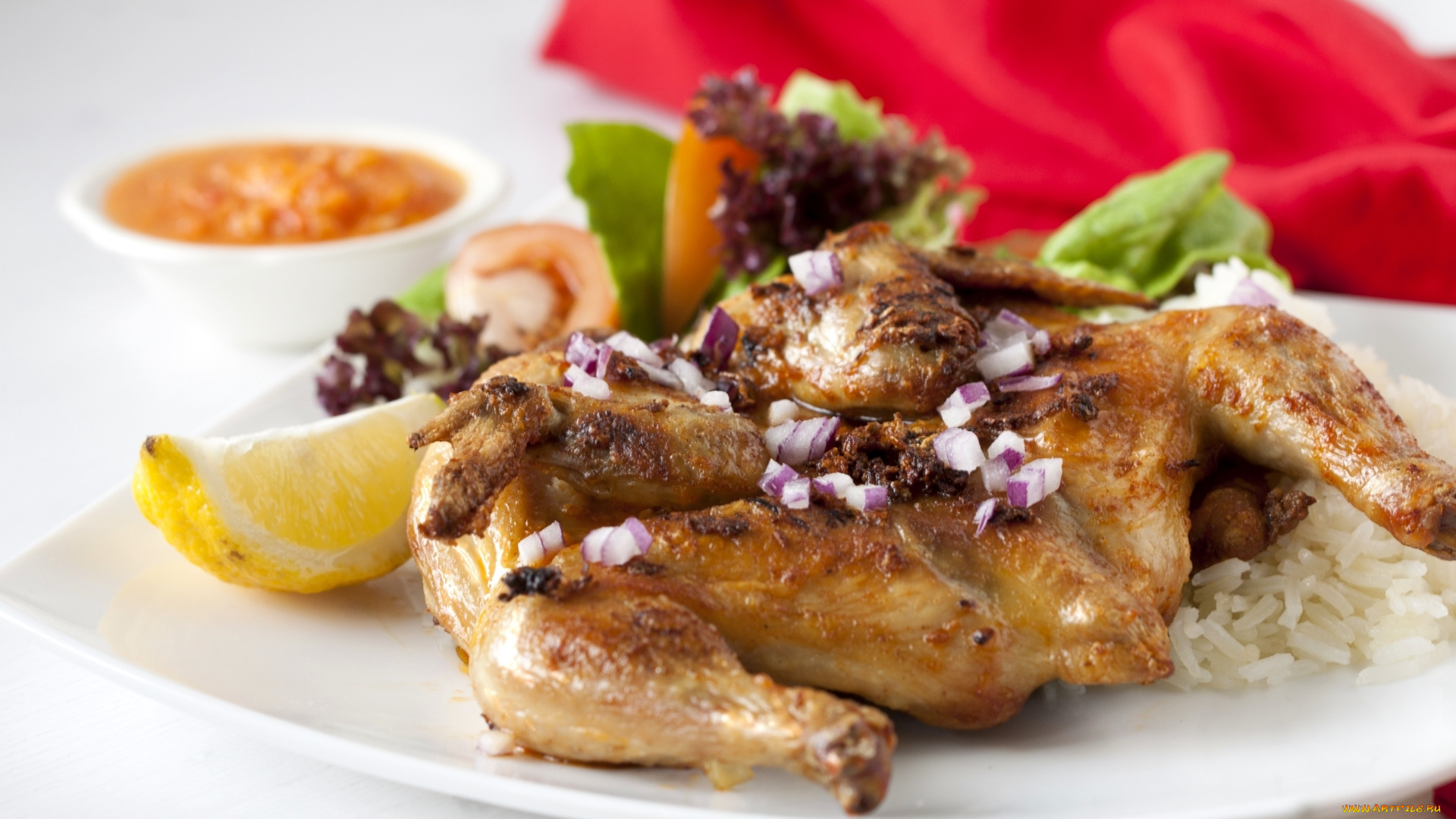 еда, мясные, блюда, цыпленок, курятина, рис, мясо, лук, лимон