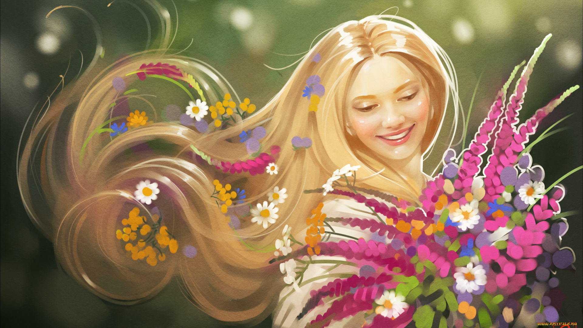 gaudibuendia, рисованное, люди, улыбка, цветы, девушка