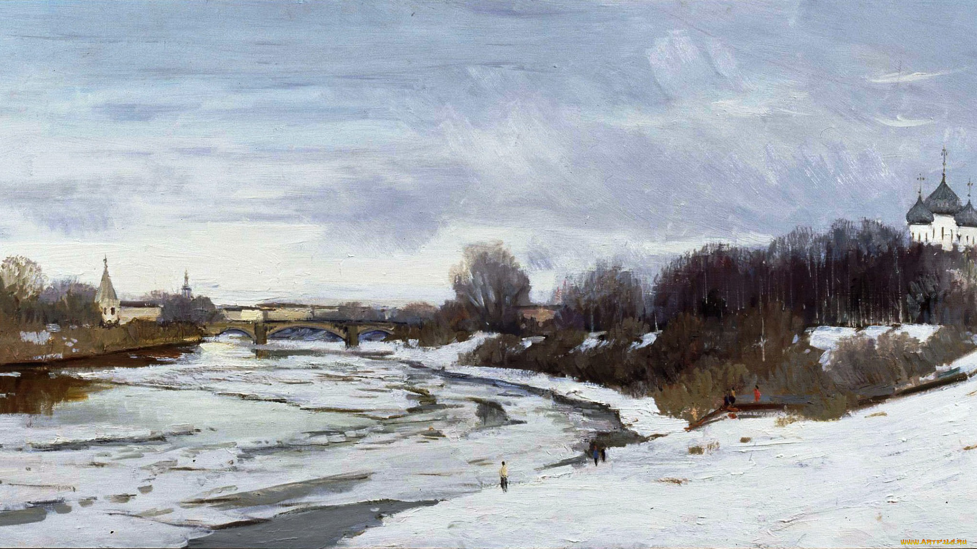 ледоход, -, страхов, валерий, рисованное, живопись, льдины, река, мост, церкви, деревья, снег, весна