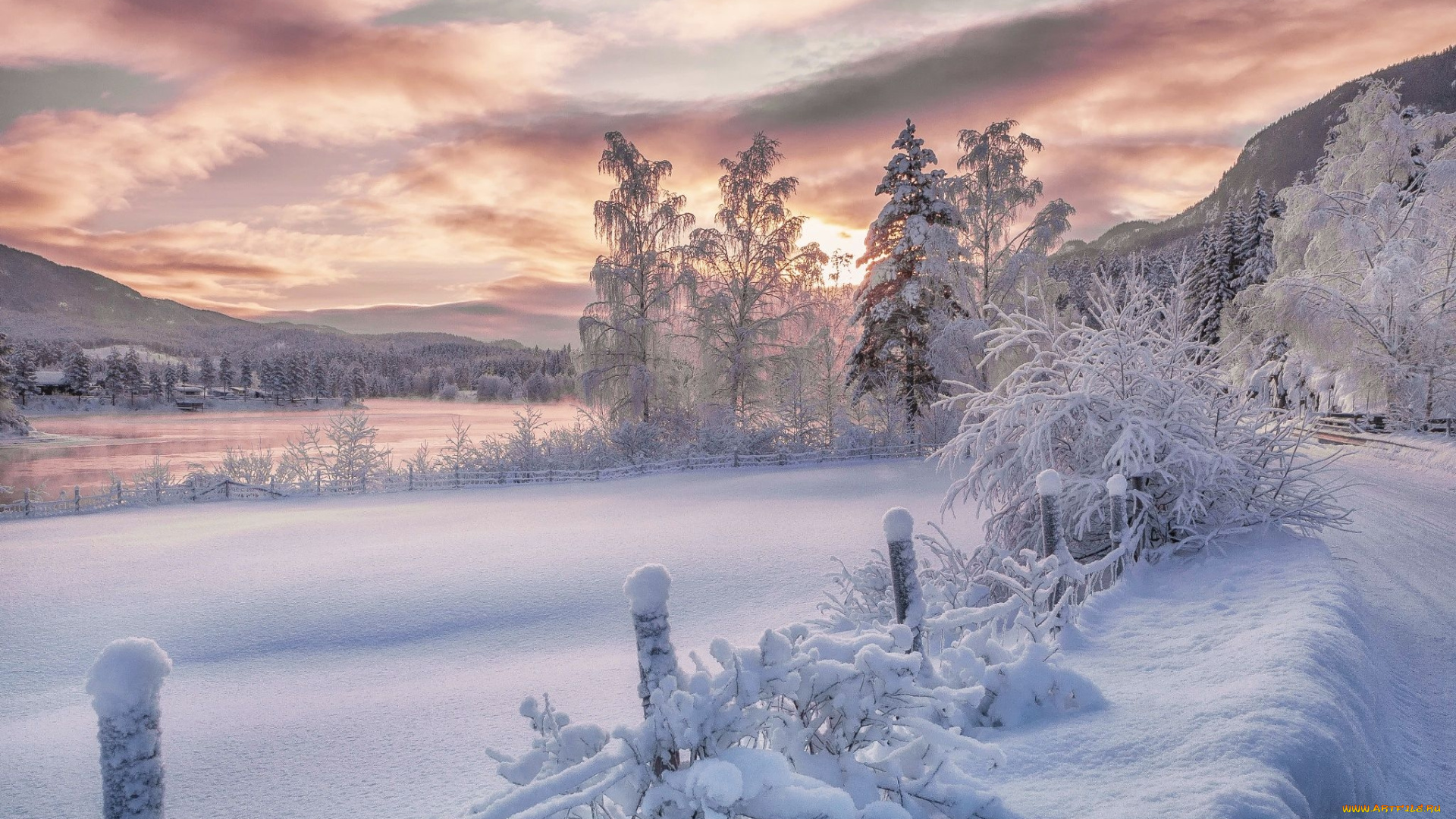 природа, зима, снег, деревья, забор