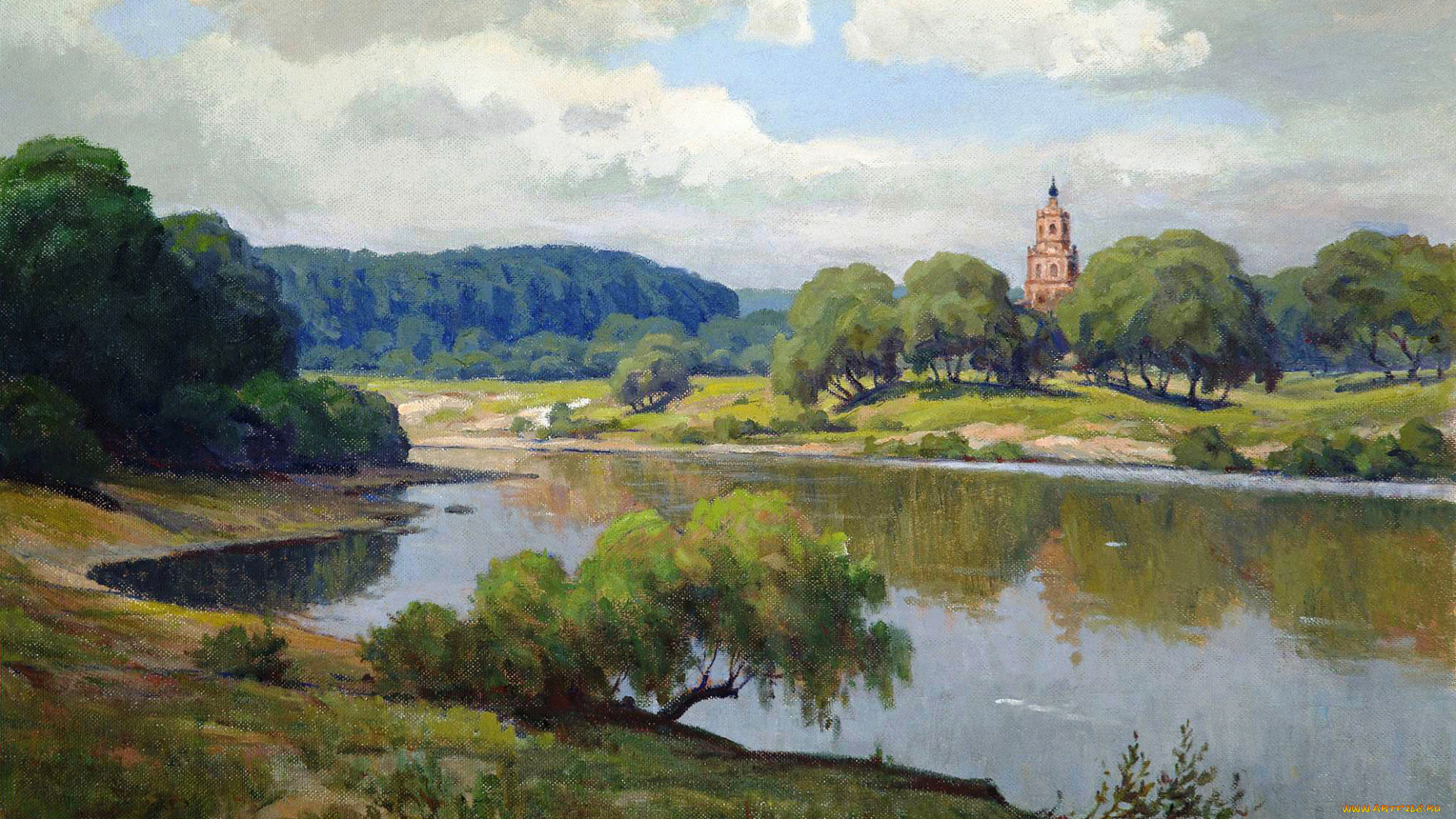 село, успенское, , москва-река, рисованное, живопись, колокольня, облака, небо, деревья, природа, берега