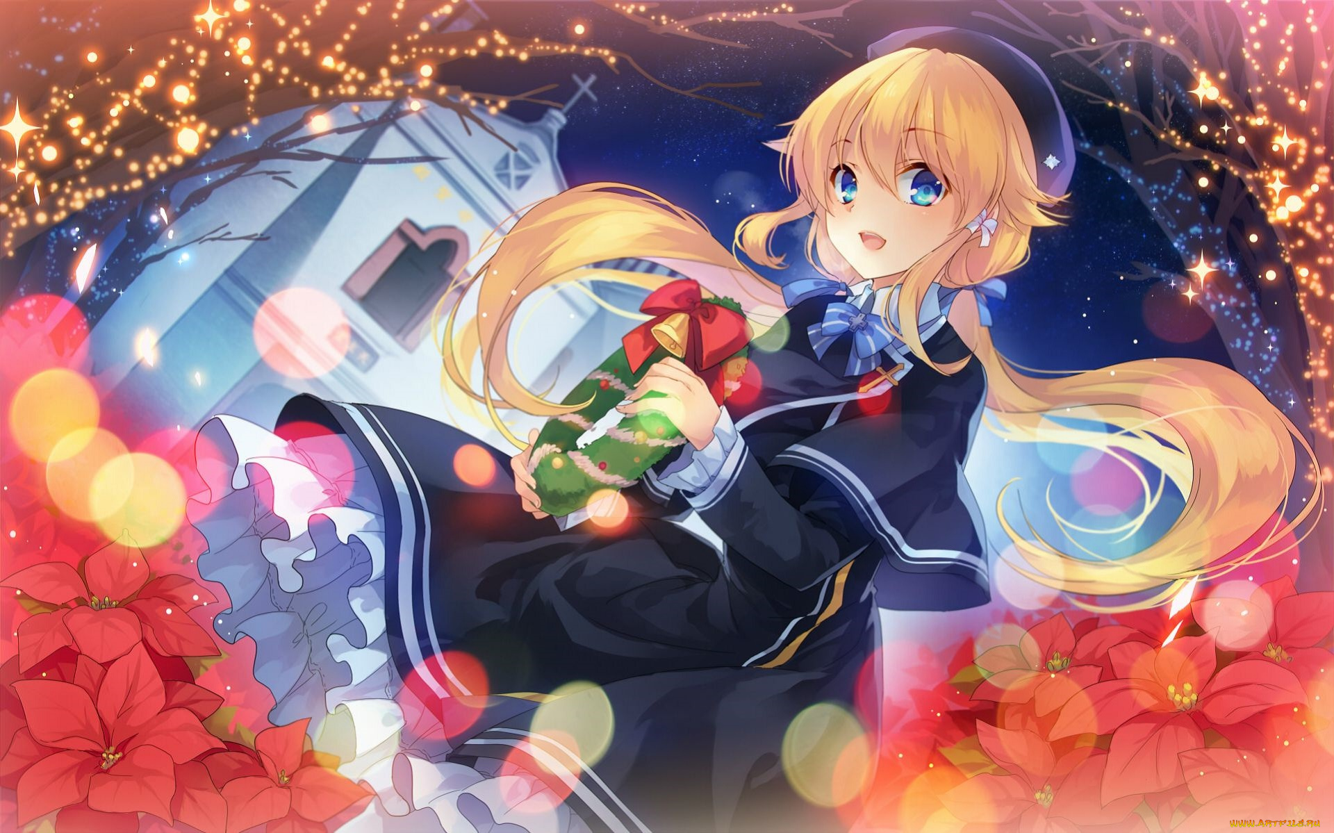 аниме, зима, , новый, год, , рождество, взгляд, венок, рождество, цветы, девушка, фон