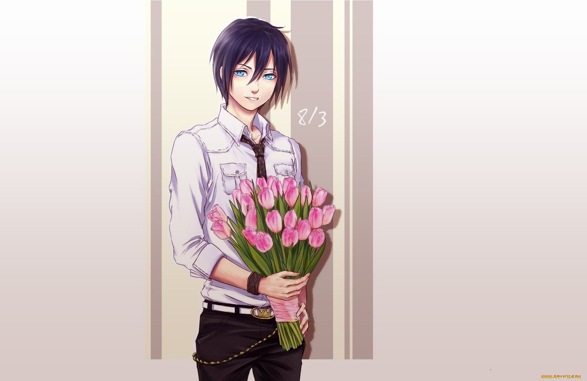 аниме, noragami, парень, бездомный, бог, тюльпаны, букет, Ято, арт