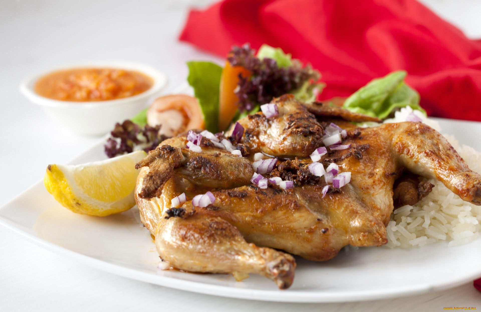 еда, мясные, блюда, цыпленок, курятина, рис, мясо, лук, лимон