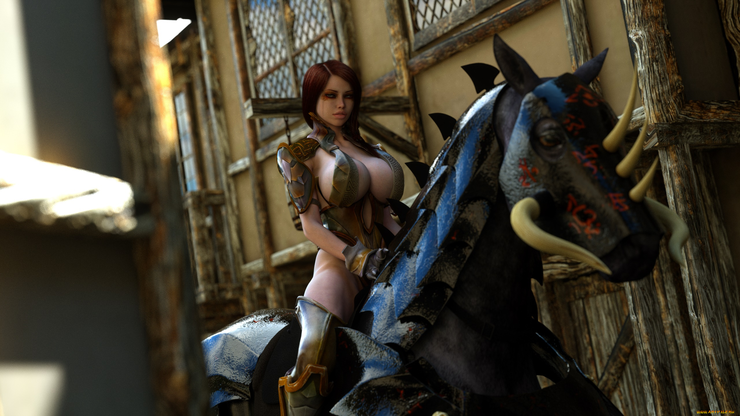 3д, графика, фантазия, , fantasy, взгляд, девушка, лошадь, фон