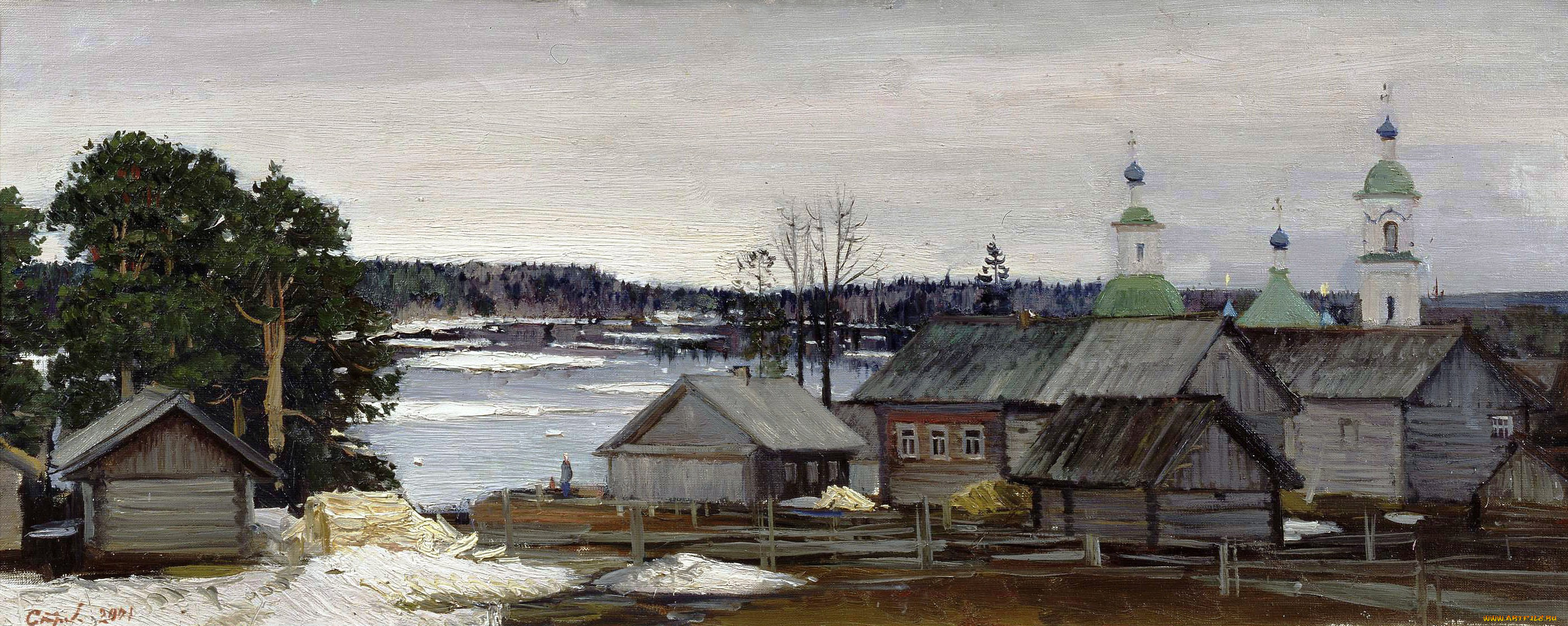 ледоход, -, страхов, валерий, рисованное, живопись, село, река, льдины, церковь, деревья, весна