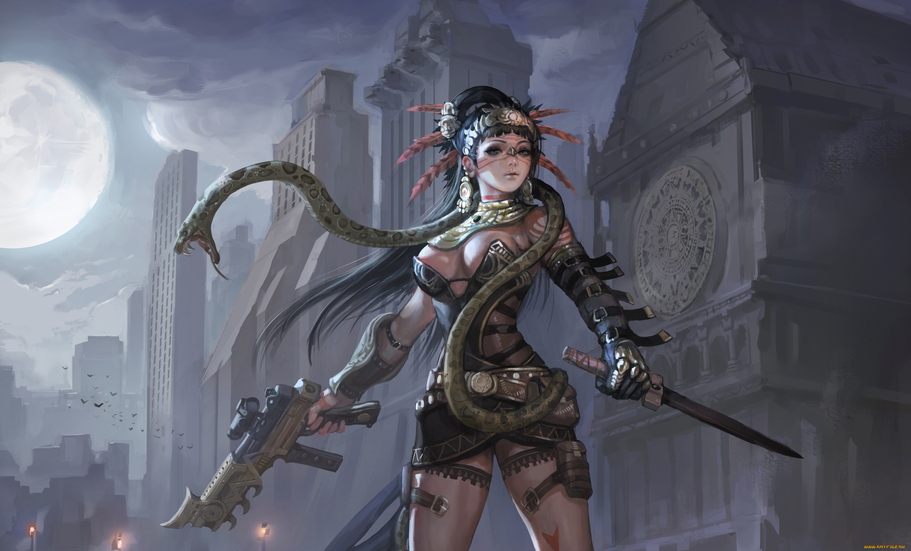 фэнтези, девушки, knife, оружие, змея, убийца, assassin, by, inshoo1, ночь, золотые, украшения, город, mayan, девушка, city, пистолет-пулемет, нож, golden, jewelry, ремешки, straps, кожаный, костюм, leather, outfit, перья, feathers