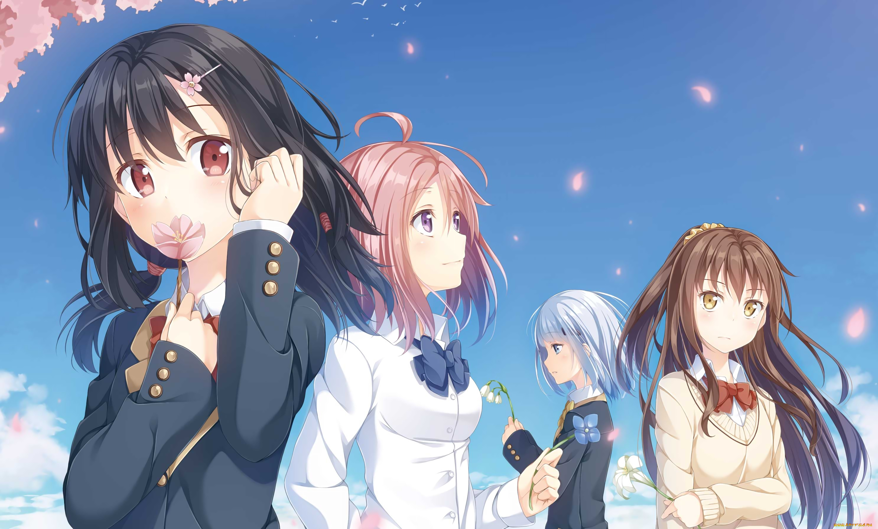 аниме, unknown, , другое, группа, небо, цветы, весна, yuuri, nayuta, девочки, арт