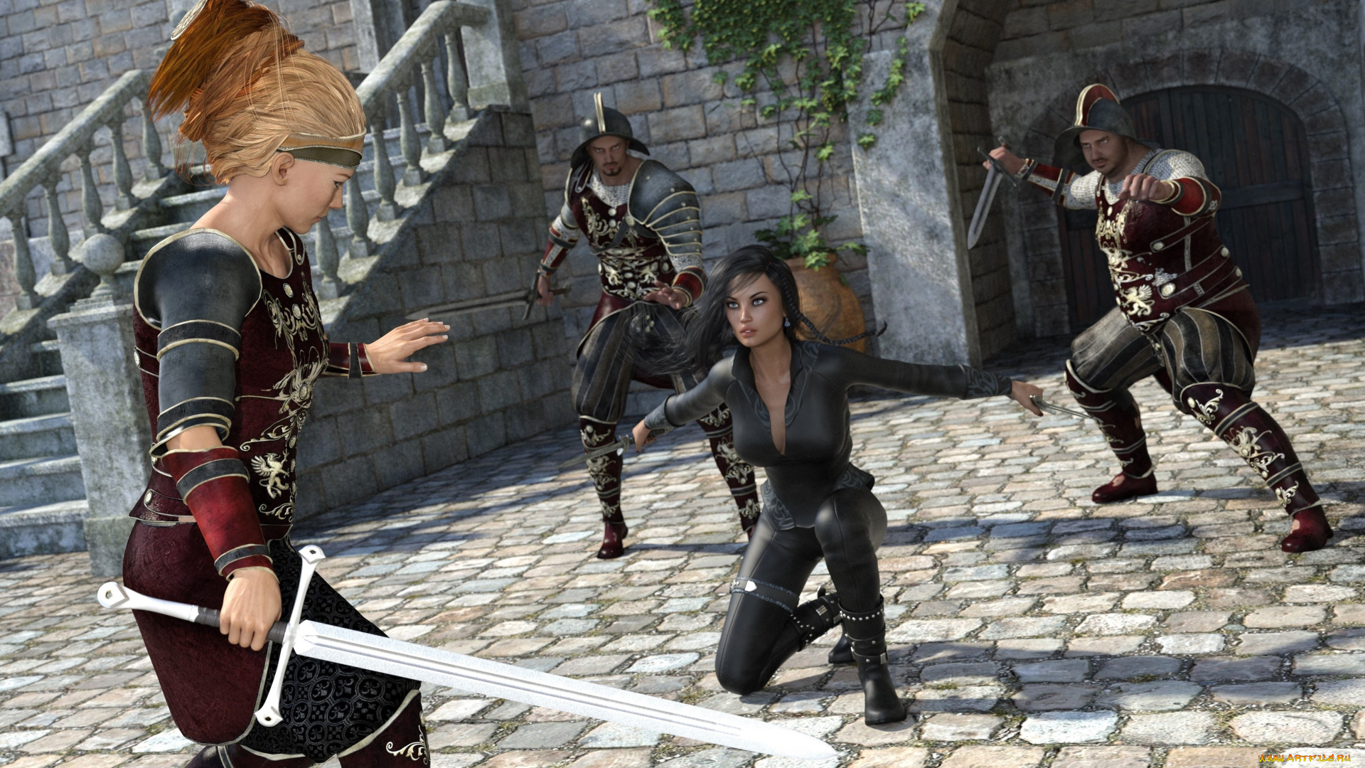 3д, графика, фантазия, , fantasy, девушки, взгляд, фон, оружие