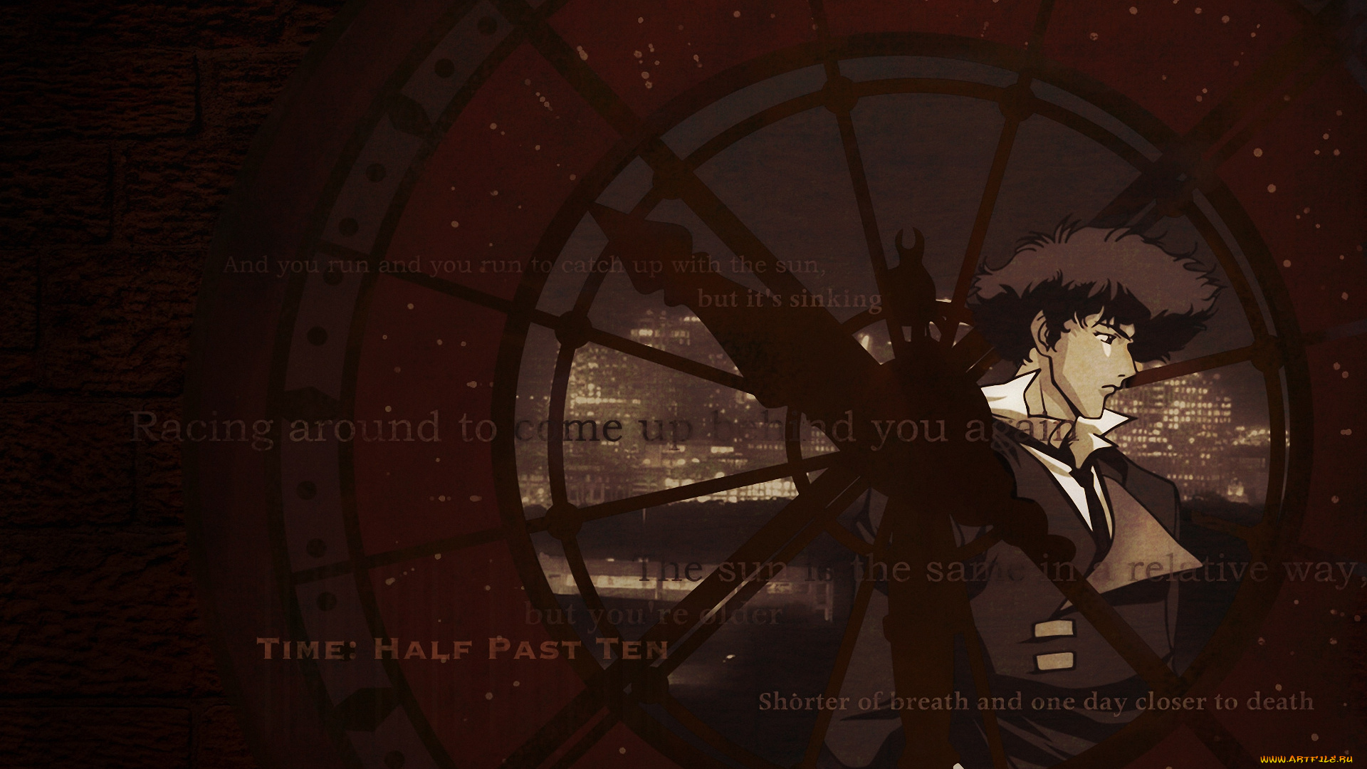 аниме, cowboy, bebop, мужчина, spiegel, spike, часы, стрелки, город
