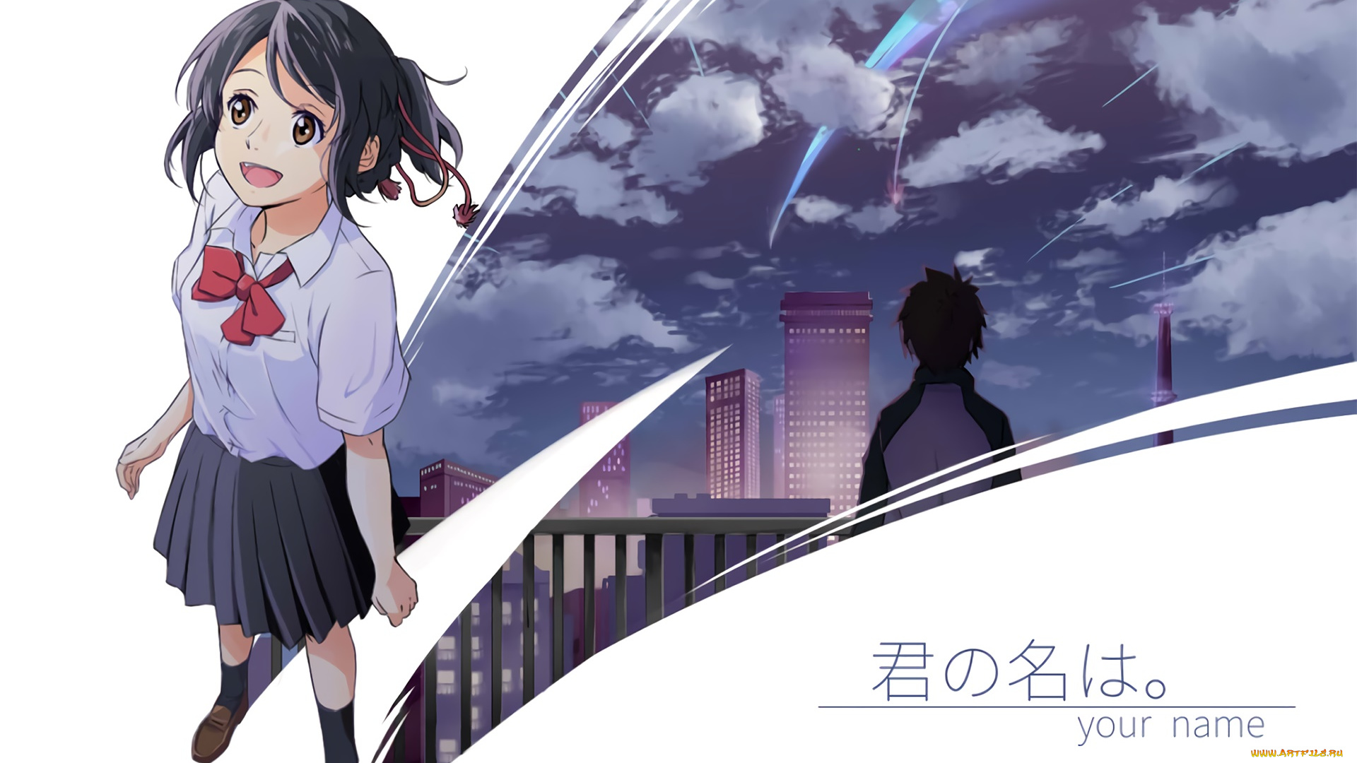 аниме, kimi, no, na, wa, девушка, взгляд, фон