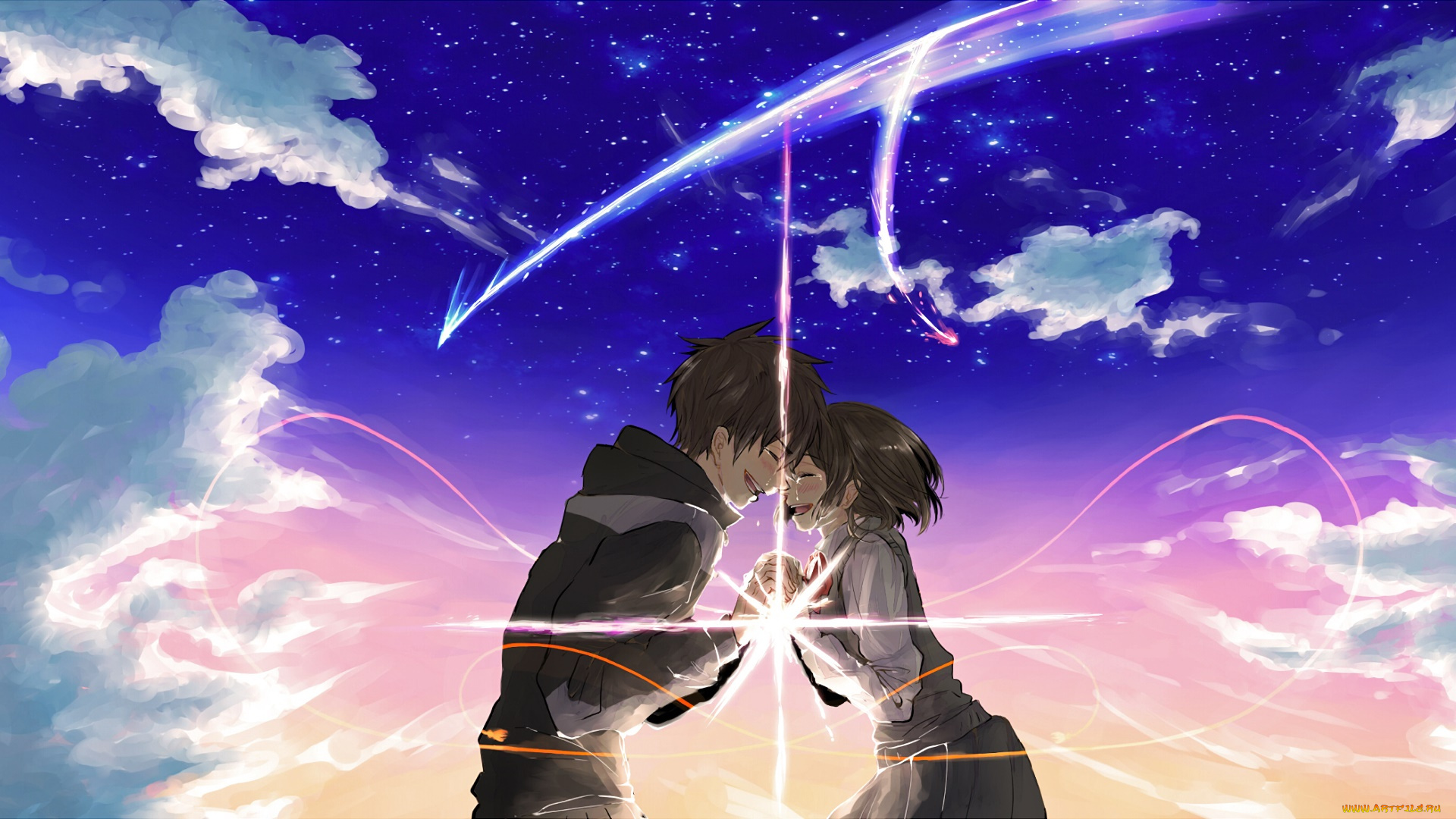 аниме, kimi, no, na, wa, парень, девушка, взгляд, фон