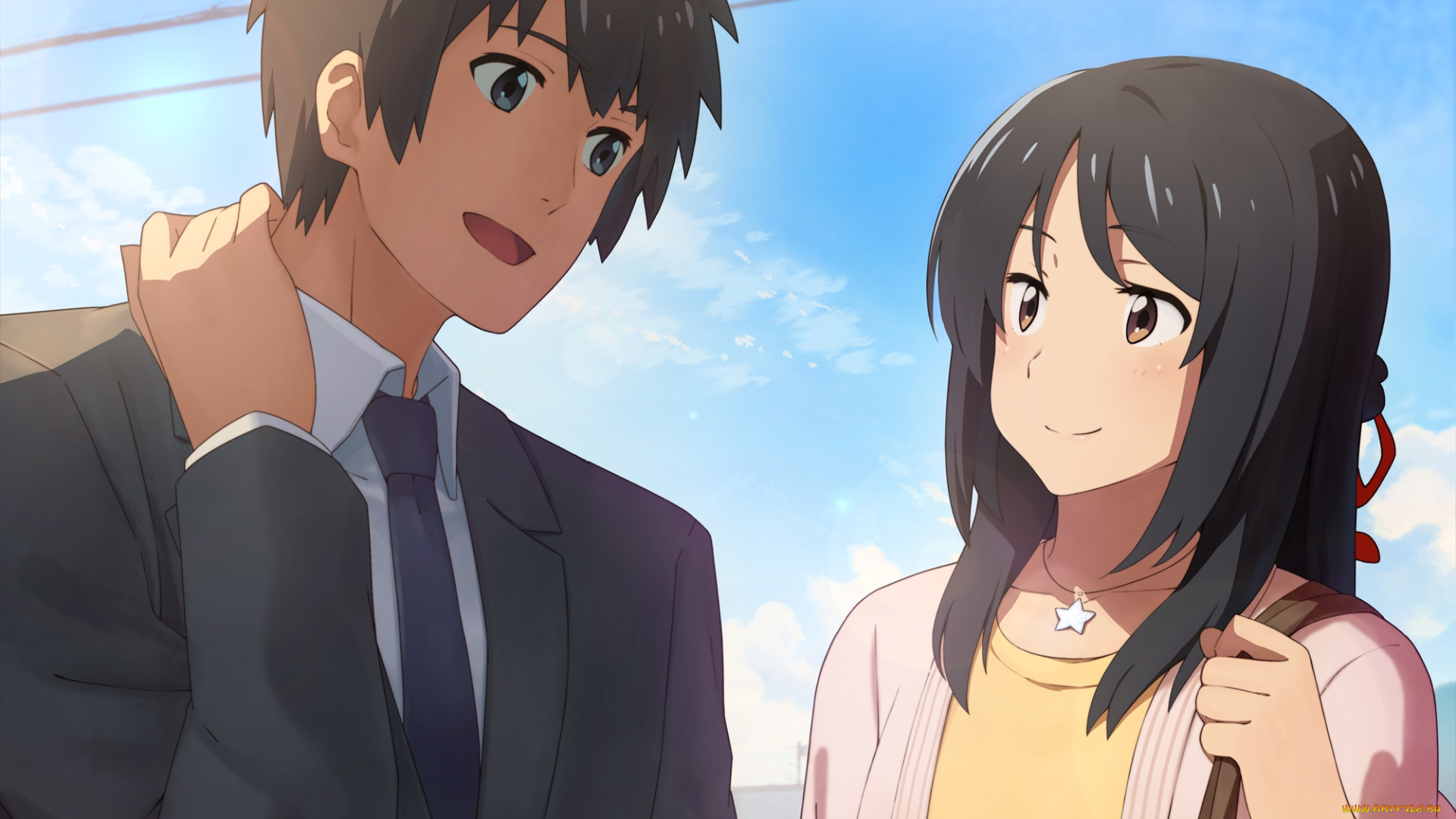 аниме, kimi, no, na, wa, парень, фон, взгляд, девушка