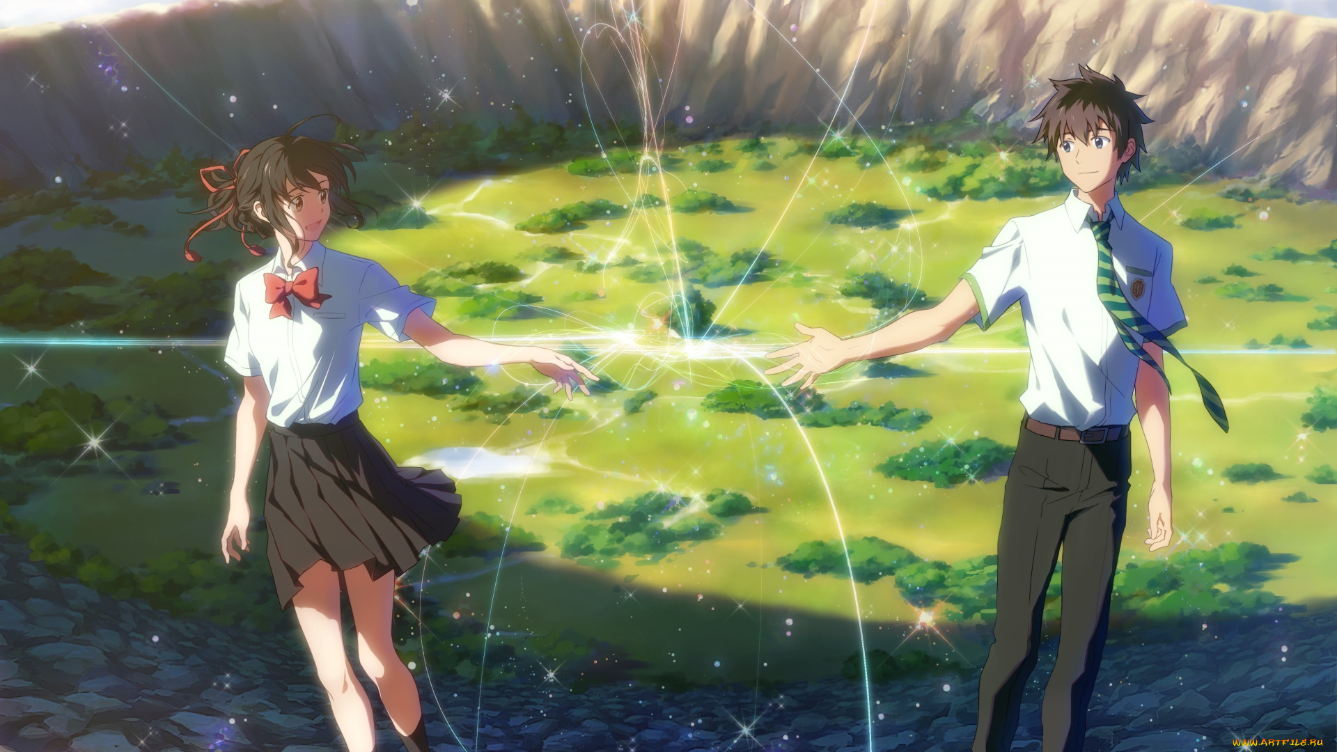 аниме, kimi, no, na, wa, взгляд, девушка, парень, фон