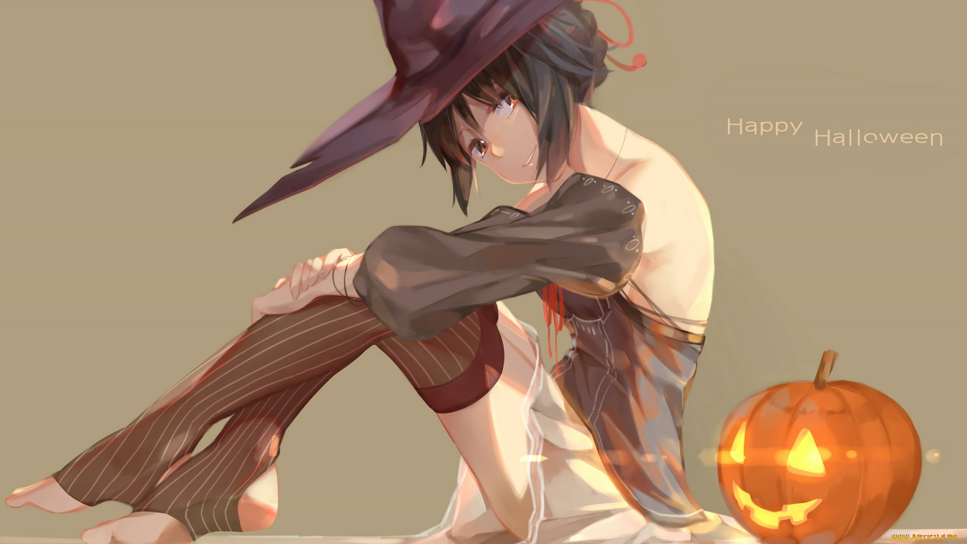 аниме, магия, , колдовство, , halloween, тыква, взгляд, фон, девушка