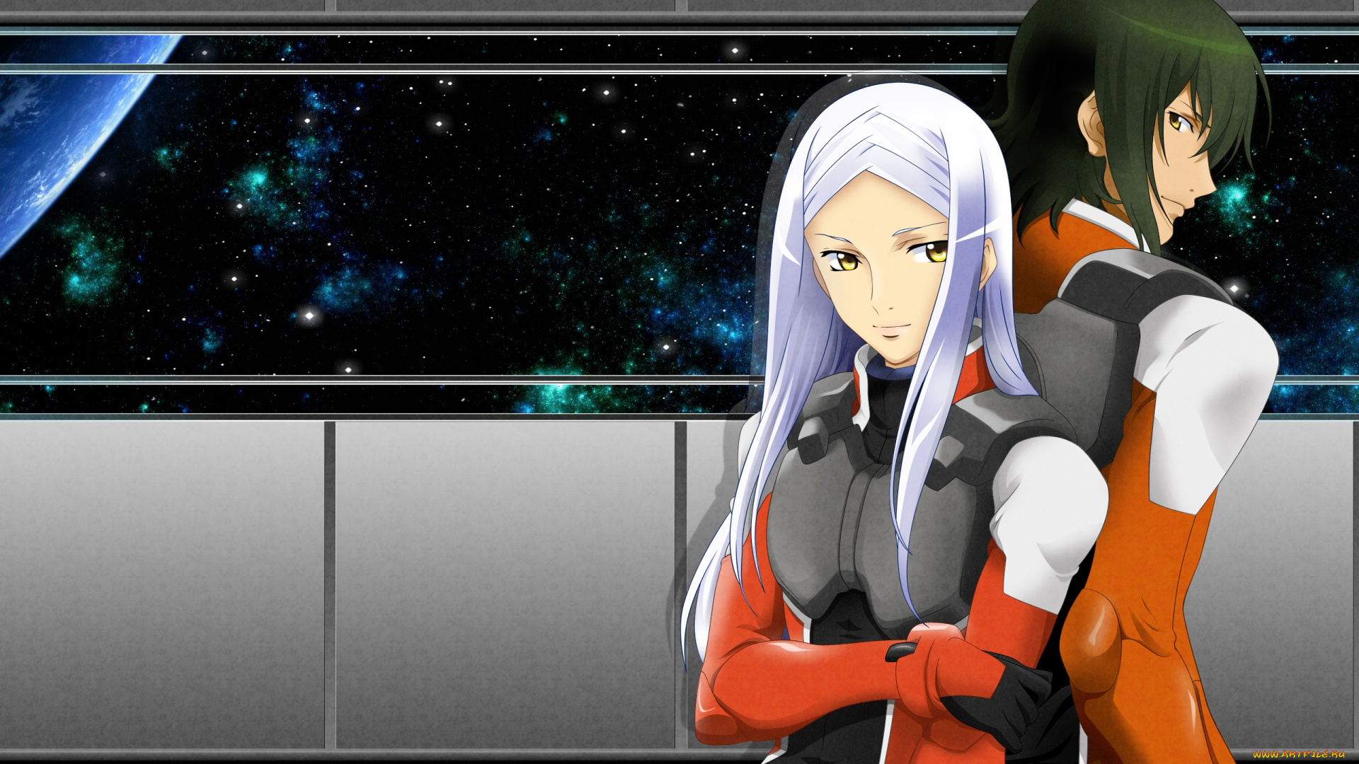 аниме, mobile, suit, gundam, девушка, взгляд, фон, парень