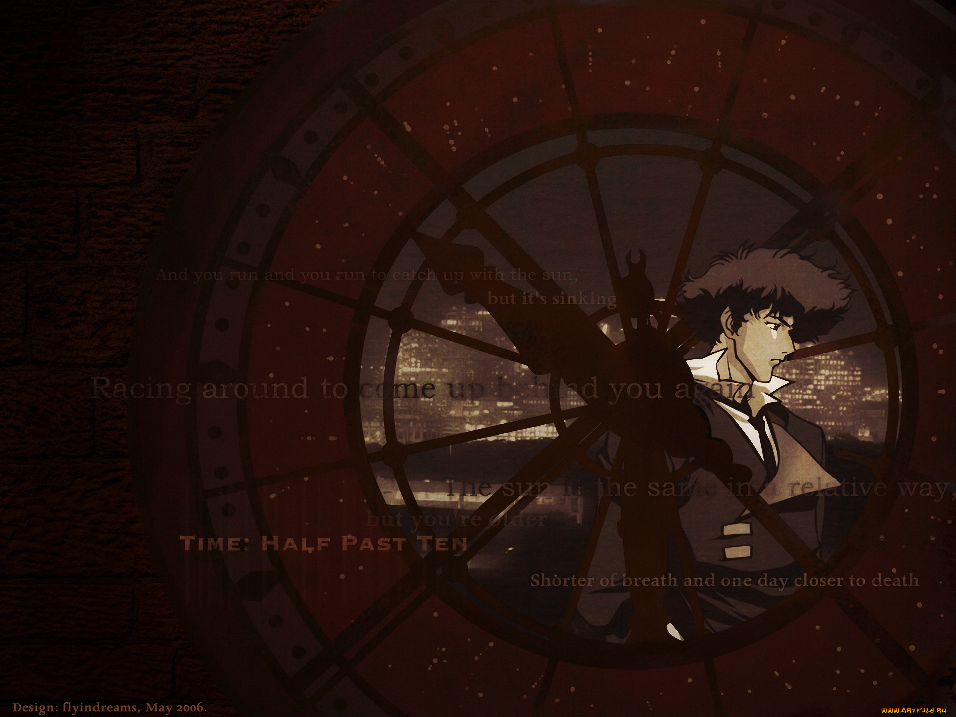 аниме, cowboy, bebop, мужчина, spiegel, spike, часы, стрелки, город