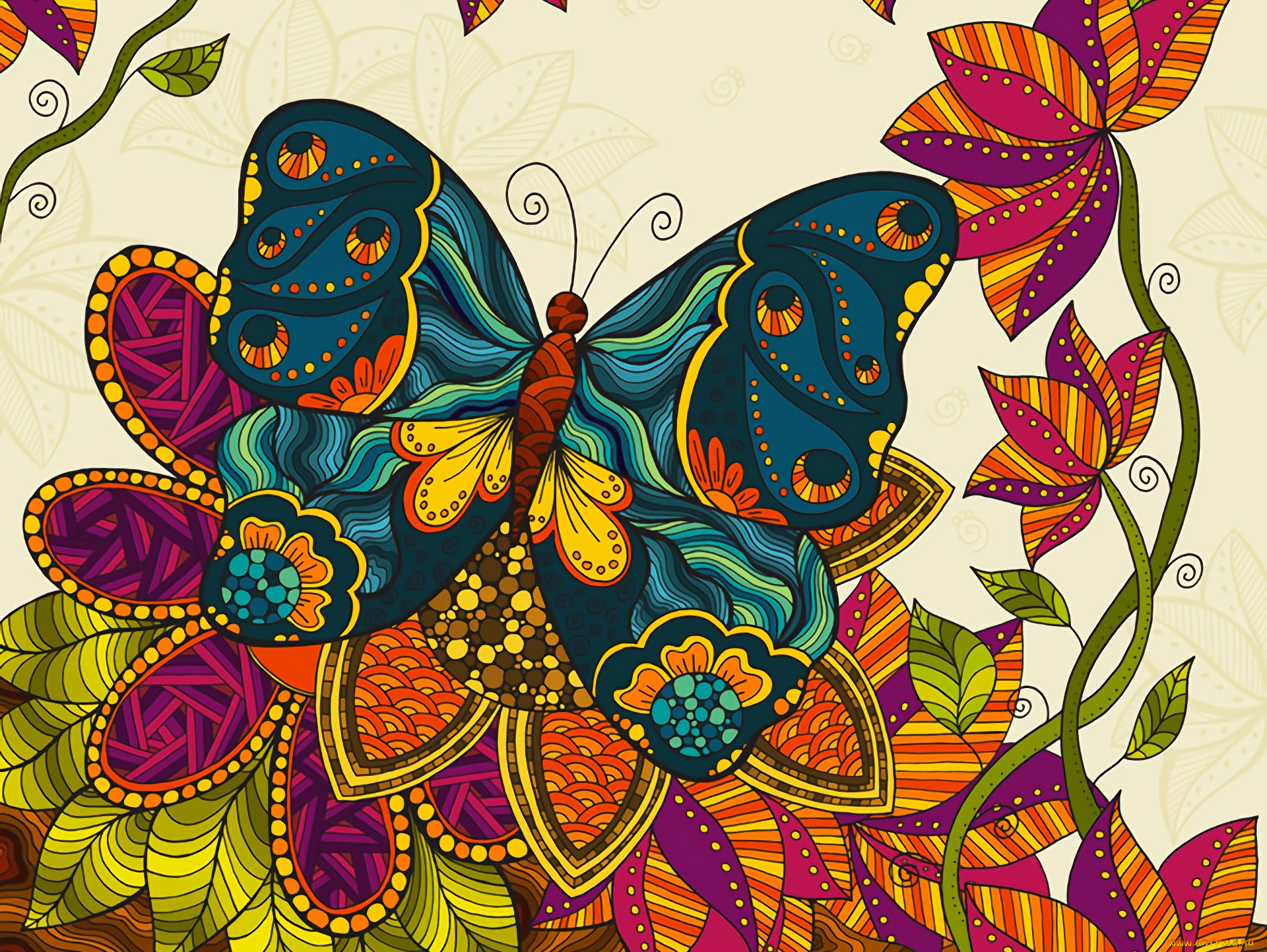 векторная, графика, животные, , animals, фон, бабочка, листья