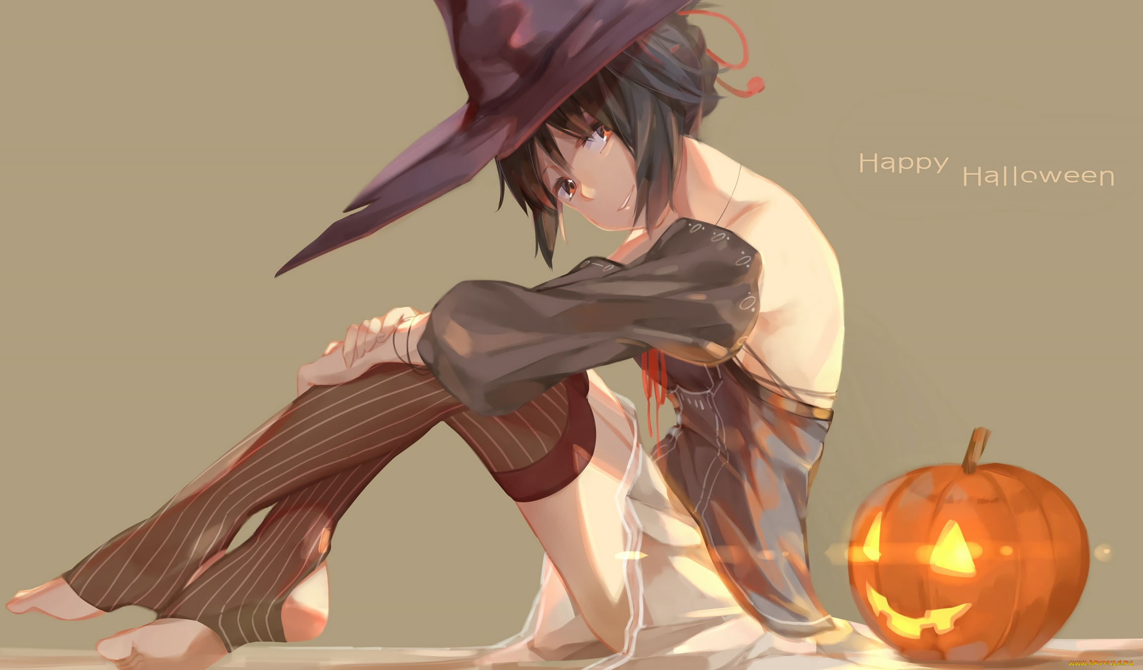 аниме, магия, , колдовство, , halloween, тыква, взгляд, фон, девушка