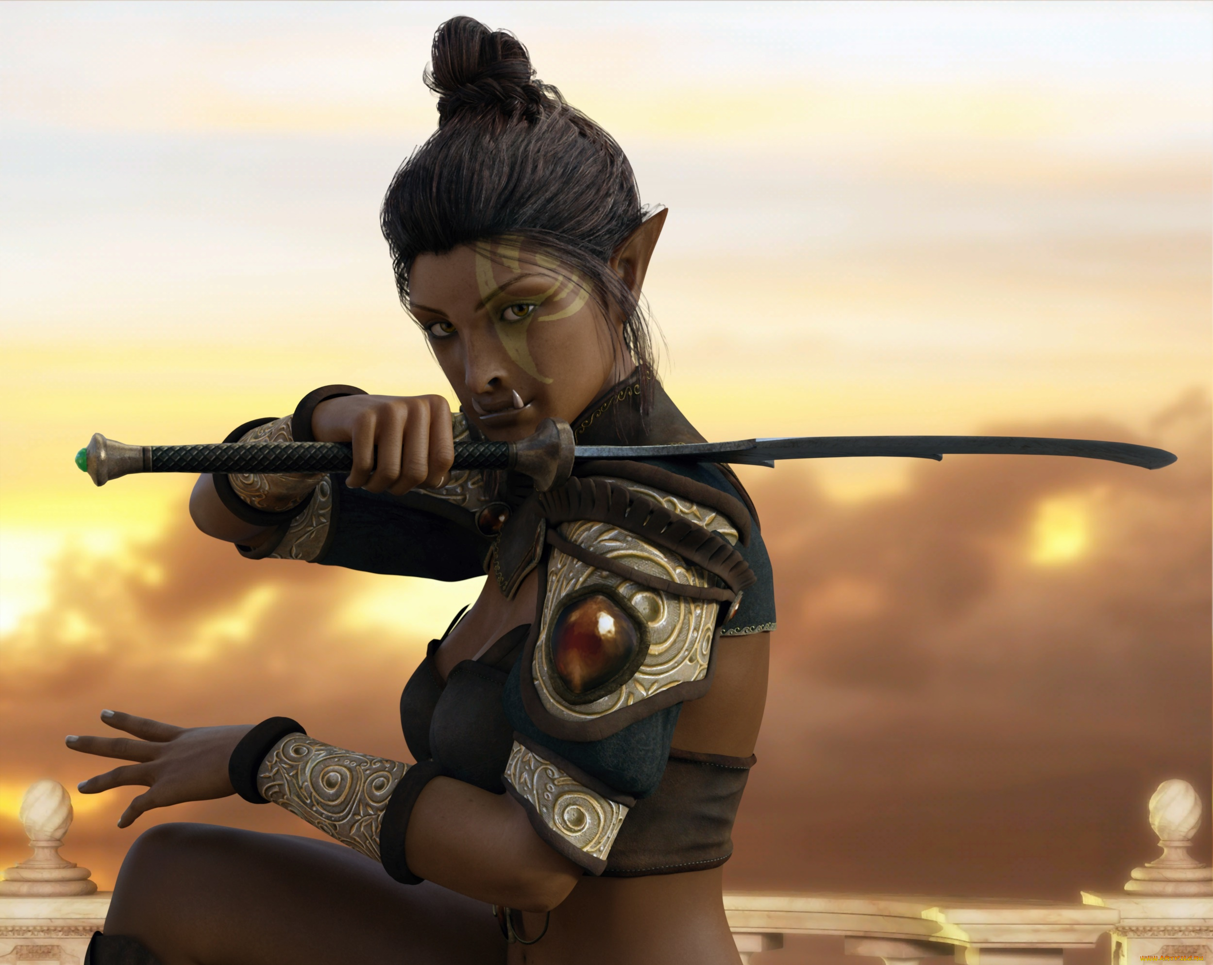 3д, графика, эльфы, , elves, эльфийка, взгляд, фон