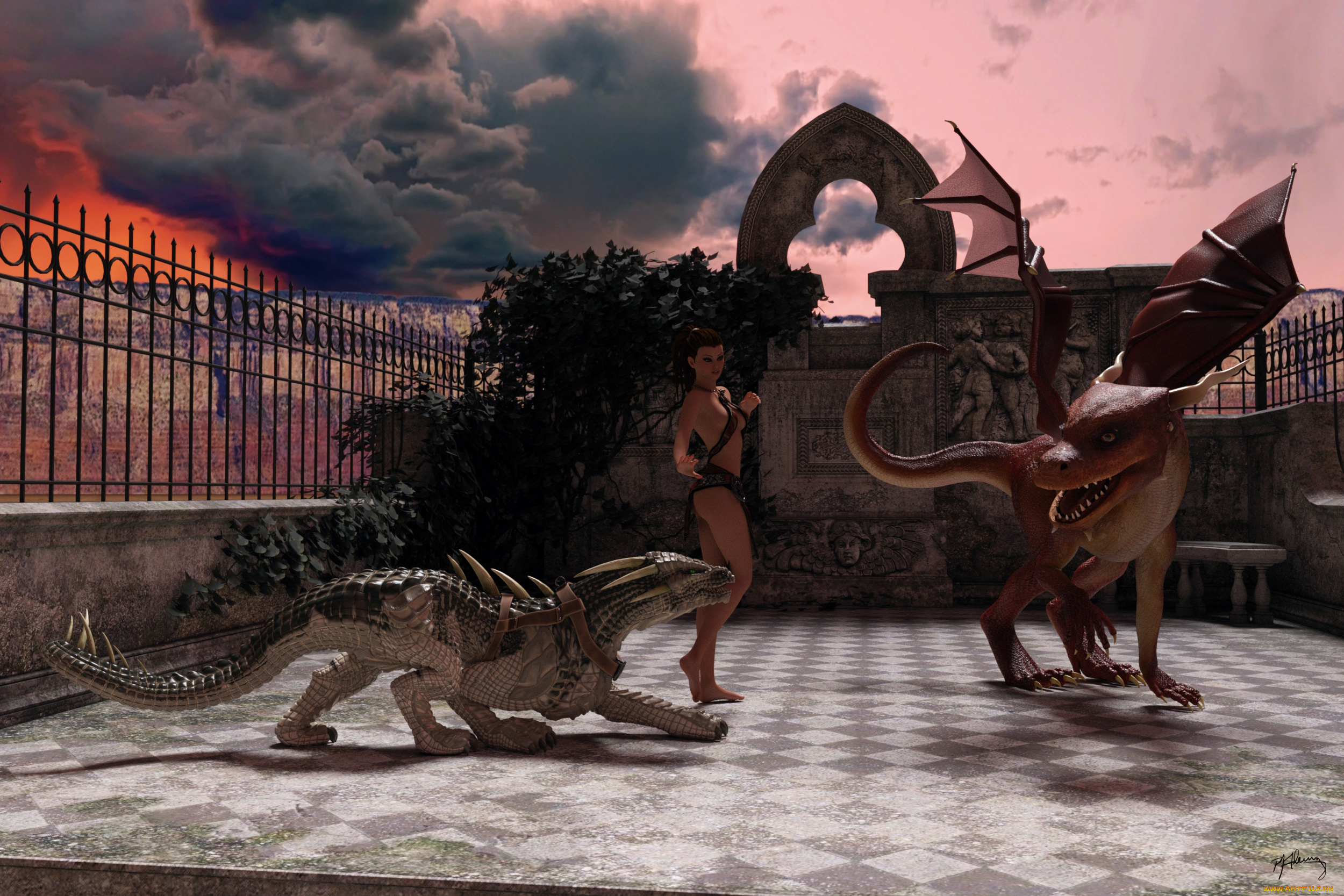 3д, графика, фантазия, , fantasy, девушка, взгляд, фон, дракон