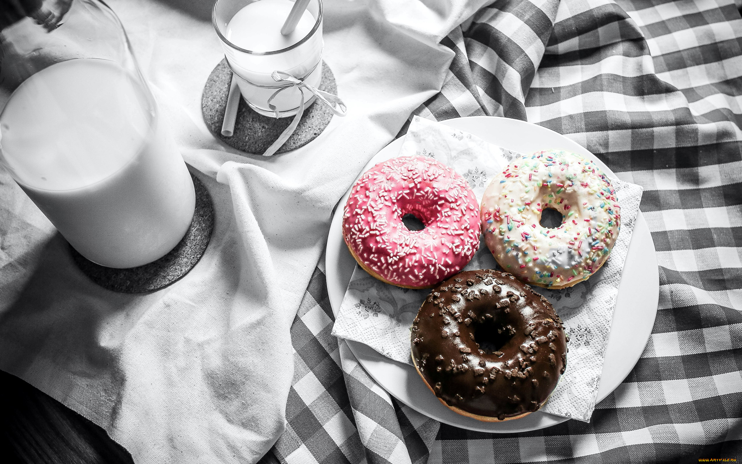 еда, хлеб, , выпечка, пончики, молоко