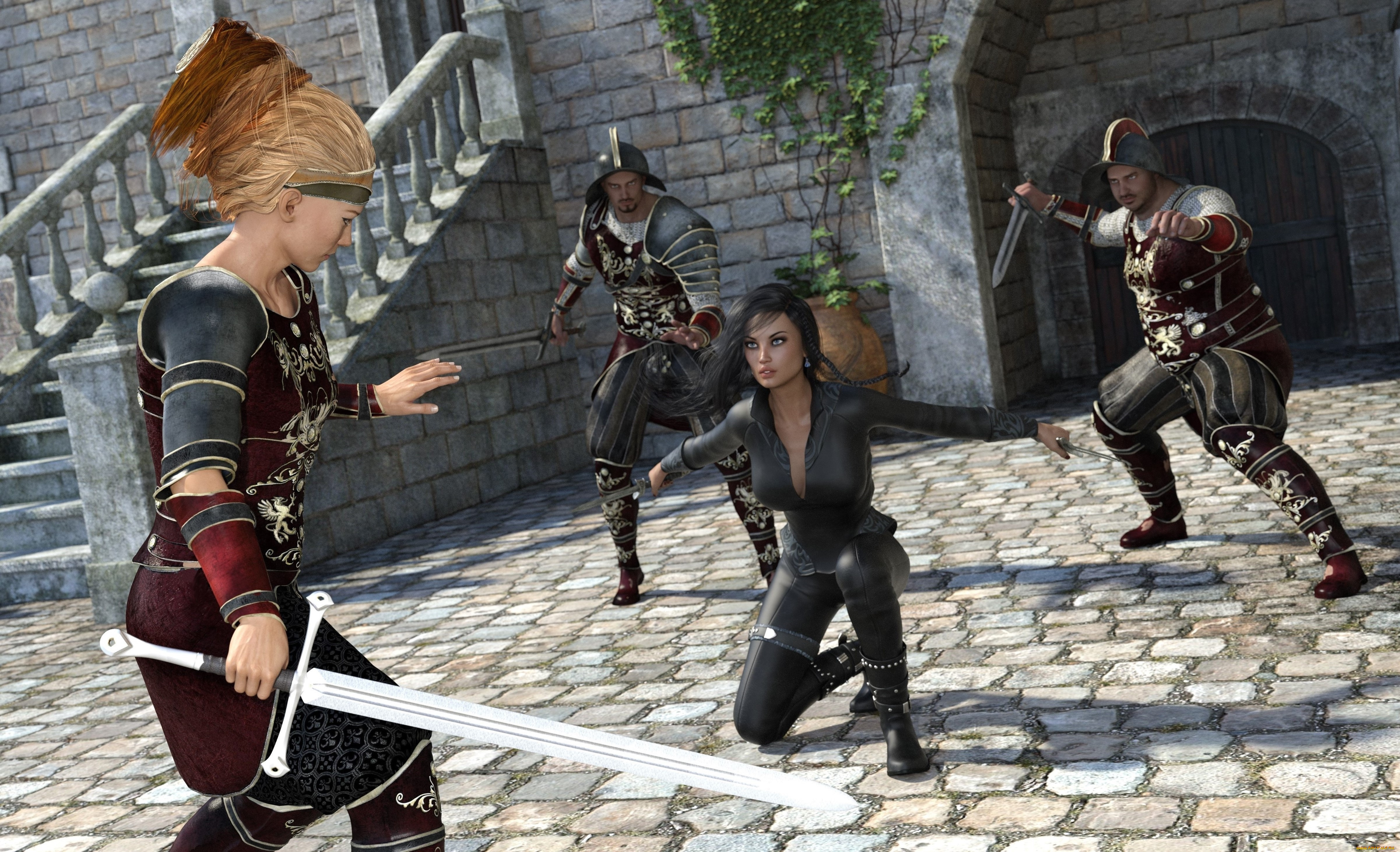 3д, графика, фантазия, , fantasy, девушки, взгляд, фон, оружие