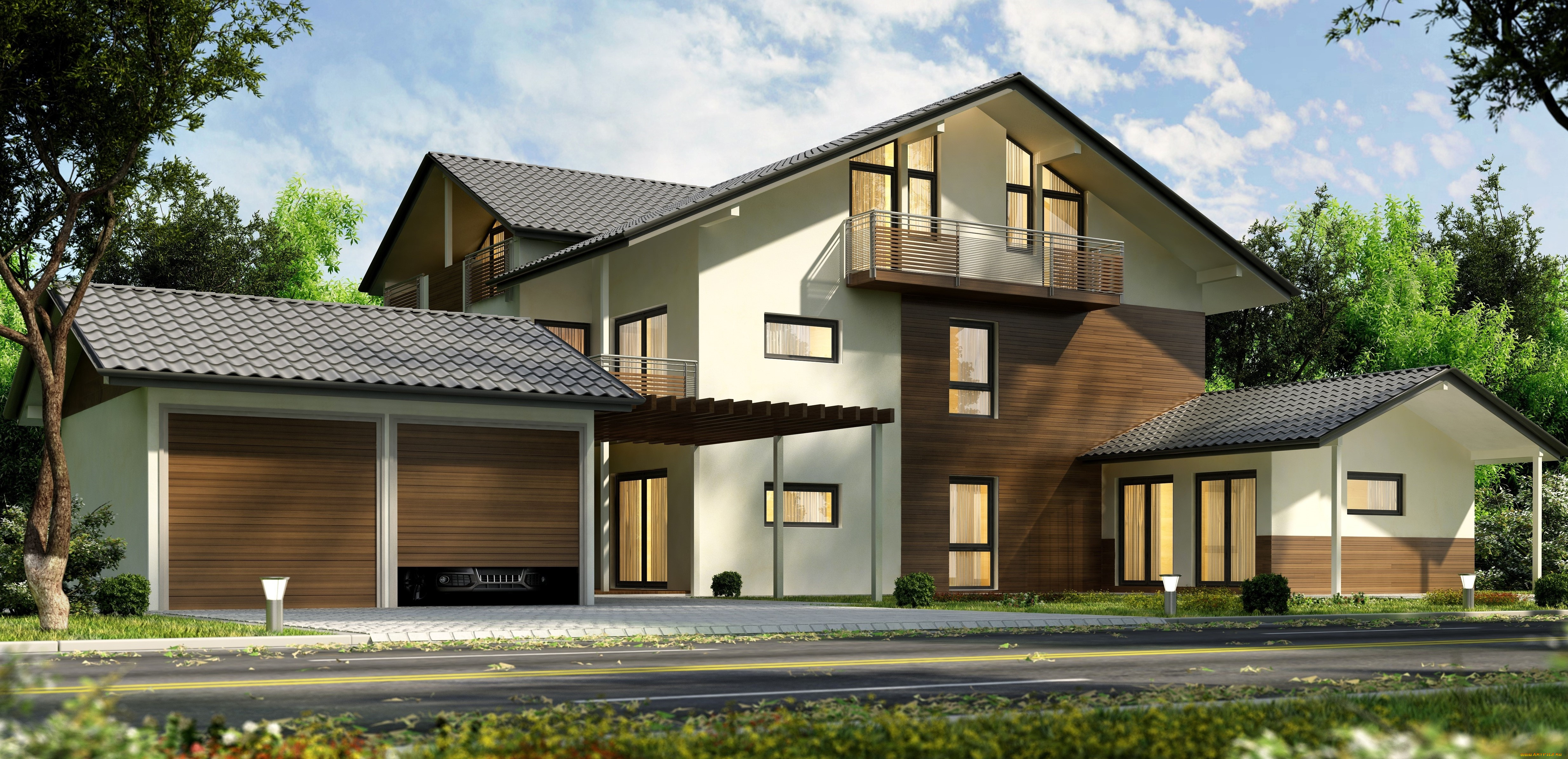 3д, графика, архитектура, , architecture, особняк, дизайн, дом, дорога, деревья