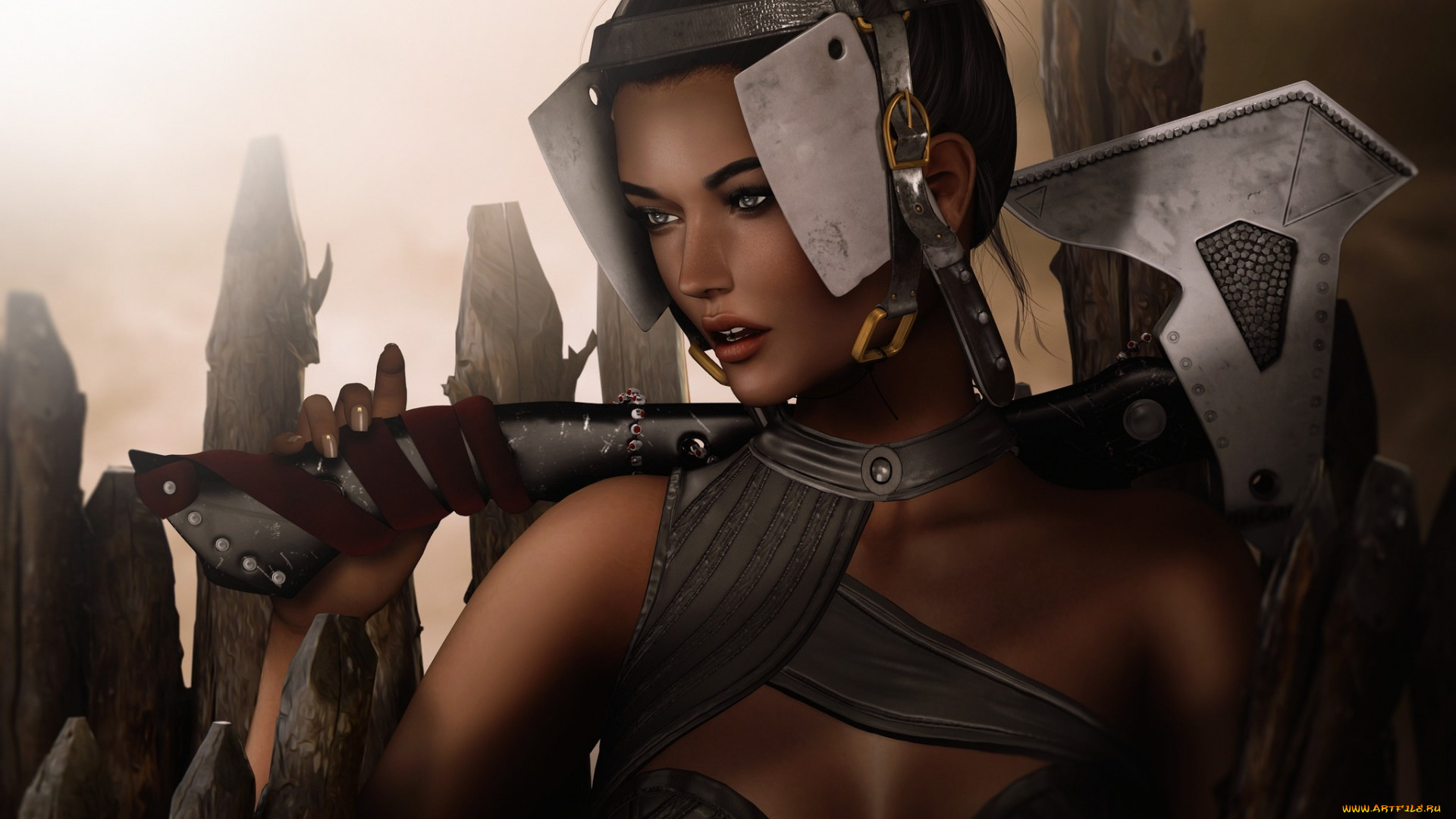 3д, графика, фантазия, , fantasy, девушка, забор, стиль, топор, фон, металл, лицо