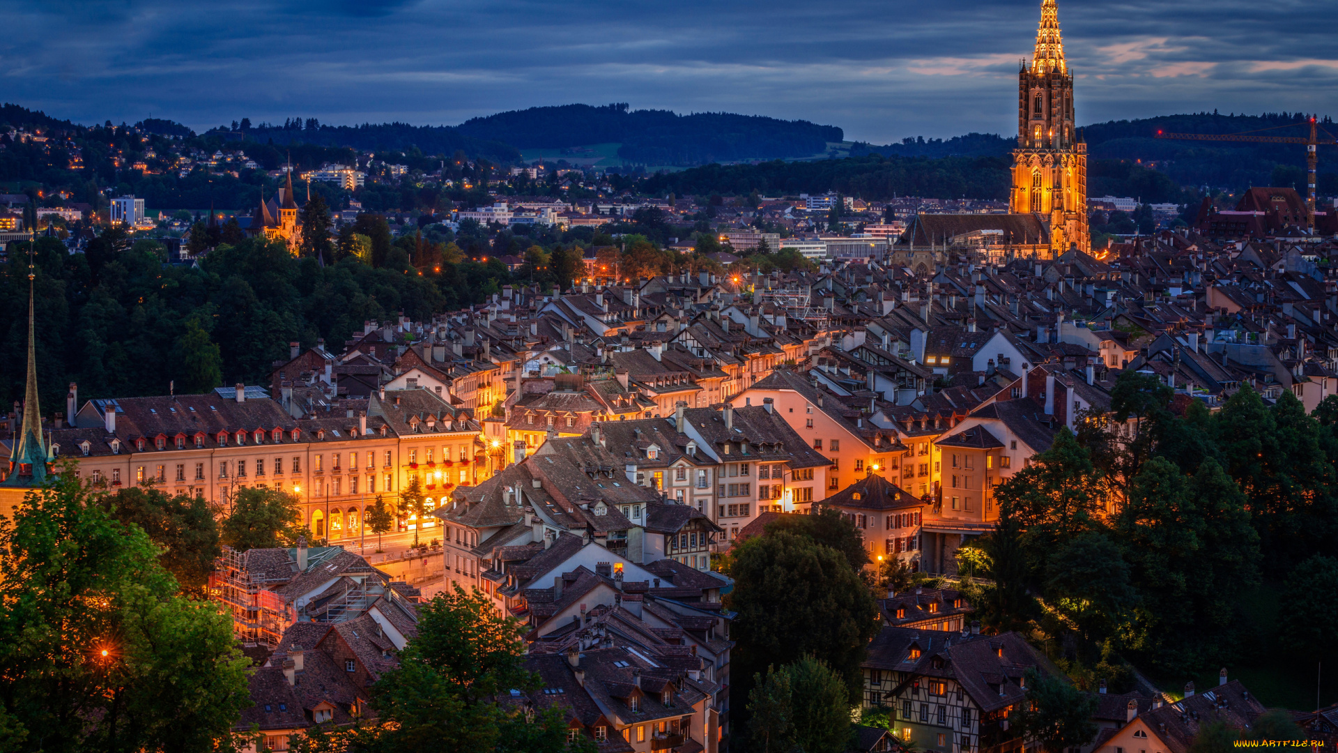 города, берн, , швейцария, огни, вечер, панорама