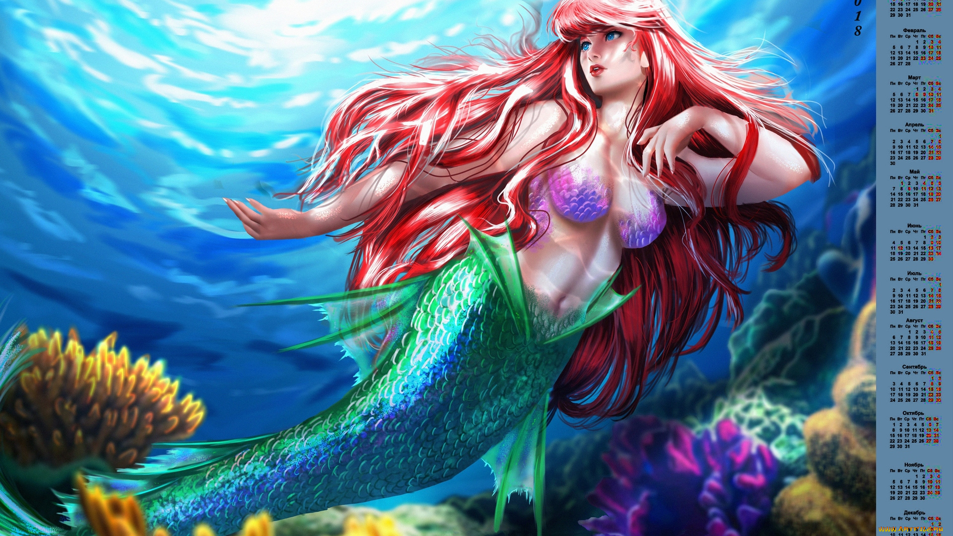 календари, кино, , мультфильмы, 2018, русалка, море, ариэль