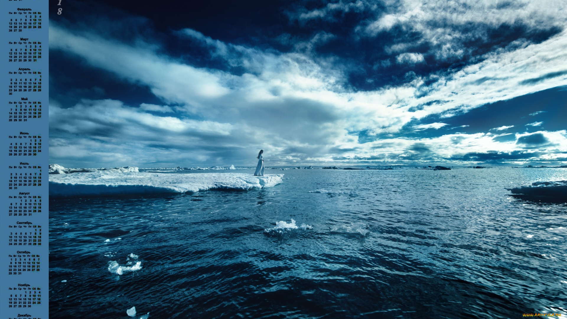 календари, природа, 2018, водоем, девушка, льдина