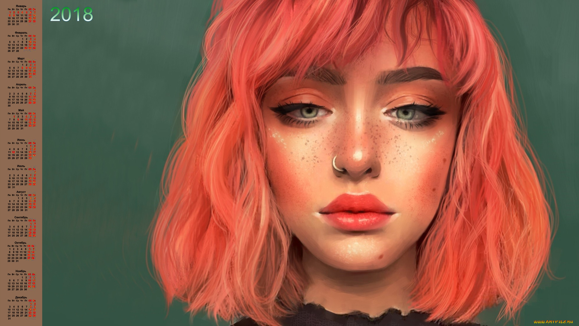 календари, рисованные, , векторная, графика, 2018, девушка, лицо, взгляд