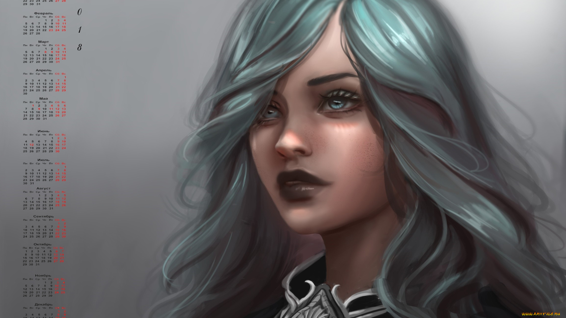 календари, рисованные, , векторная, графика, 2018, девушка, взгляд, лицо