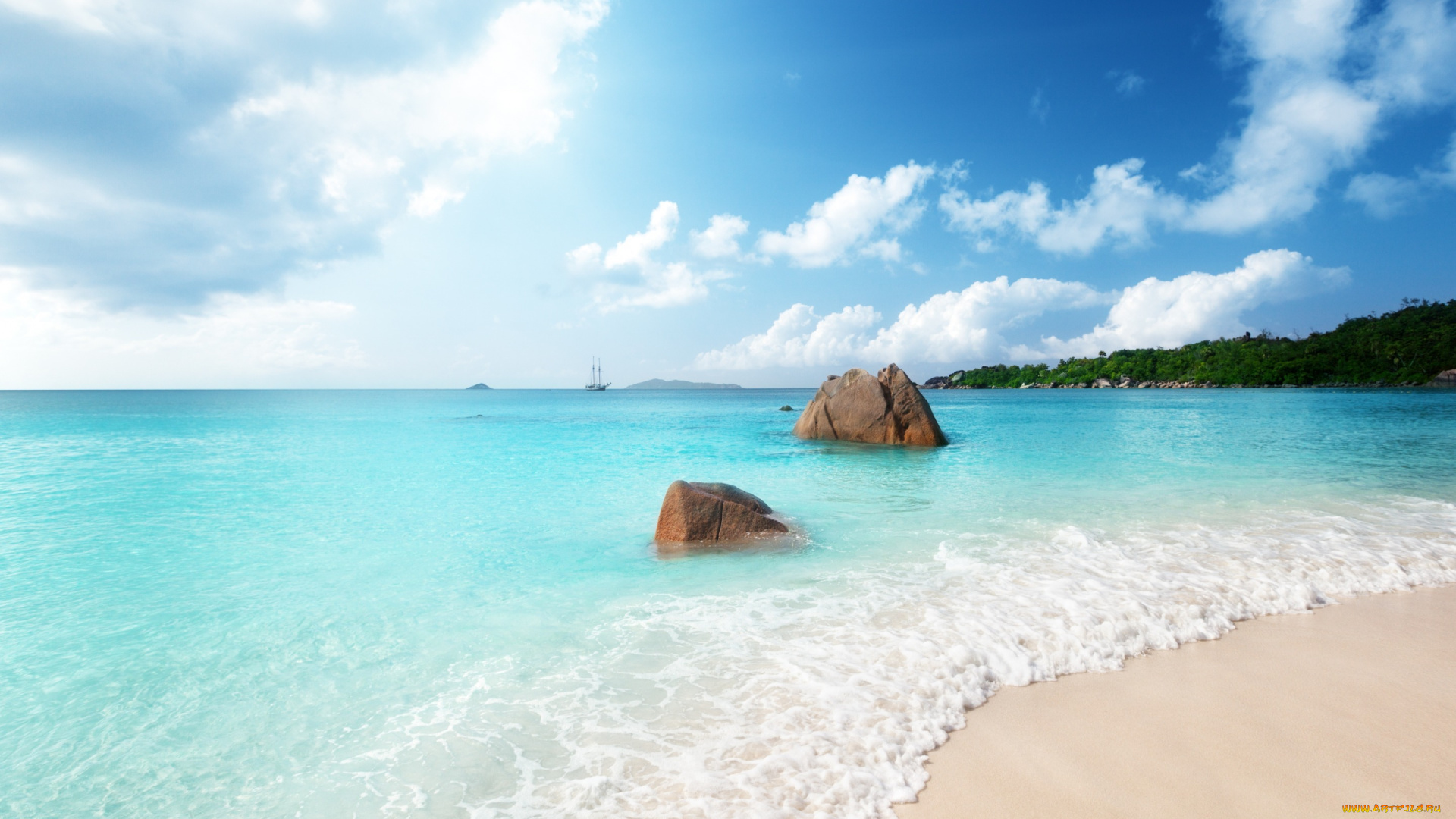 природа, тропики, голубая, вода, море, пейзаж, пляж, камни