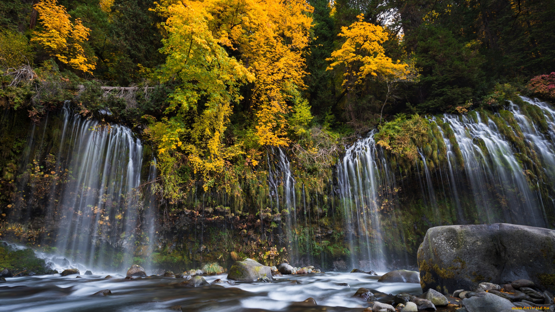 природа, водопады, лес, осень, река, каскад